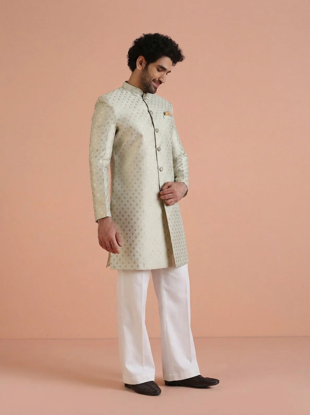 Cream Silk Blend Jacquard Sherwani Wide Leg Trouser Set - Image 6