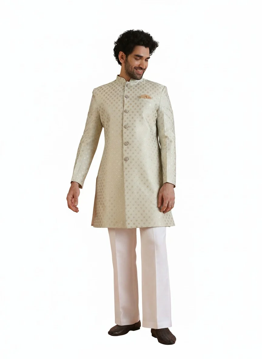 Cream Silk Blend Jacquard Sherwani Wide Leg Trouser Set - Image 8