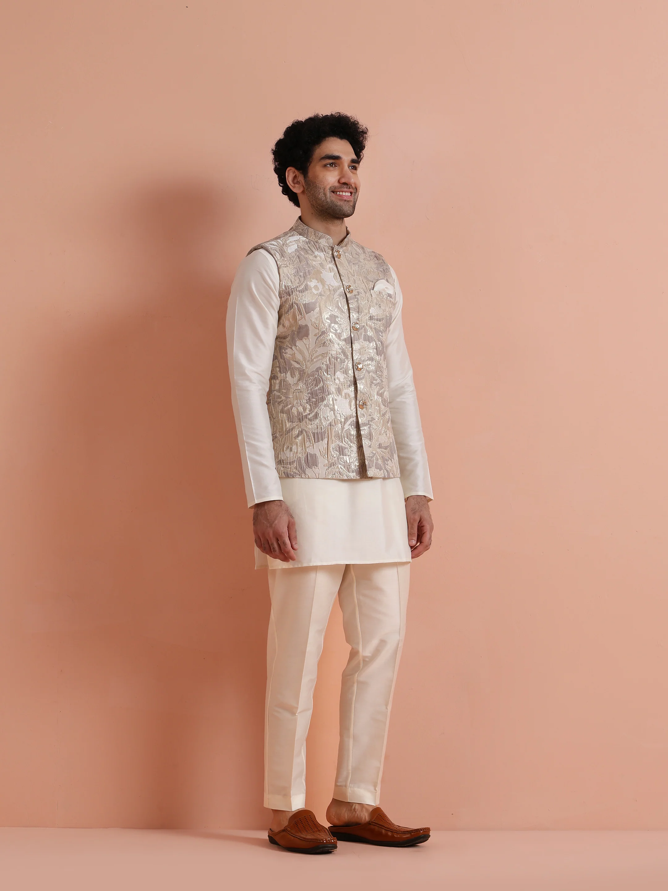 Cream Silk Blend Kurta Jacket Set - Image 2