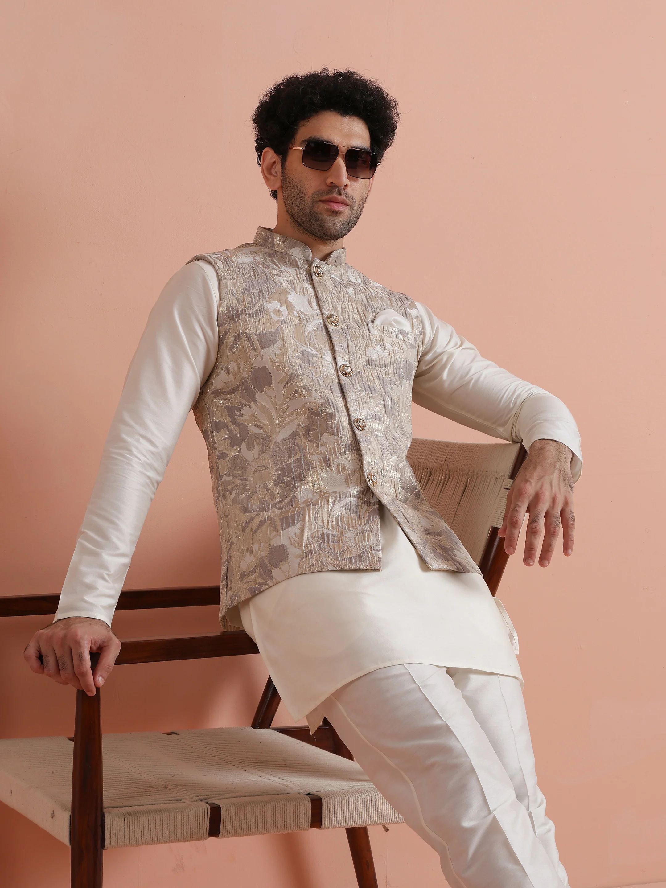 Cream Silk Blend Kurta Jacket Set - Image 5