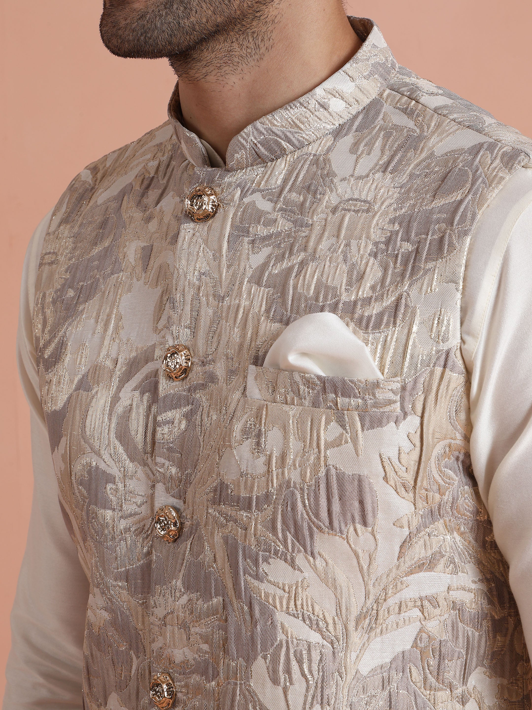 Cream Silk Blend Kurta Jacket Set - Image 6