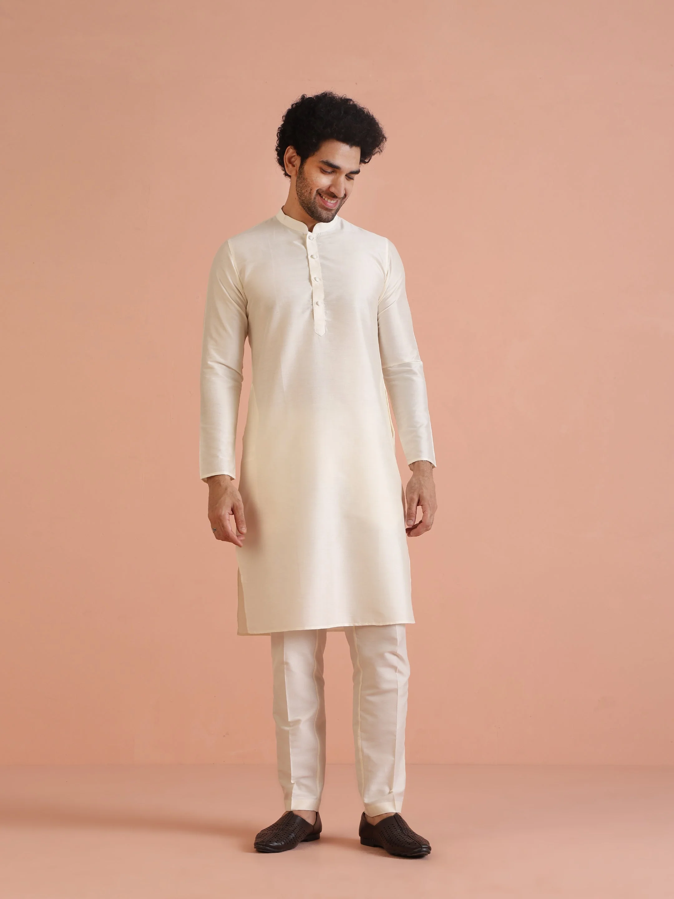 Cream Silk Blend Kurta Sherwani Set with Jacquard Indo-Western Jacket and Trousers – Festive & Wedding Ensemble - Image 6