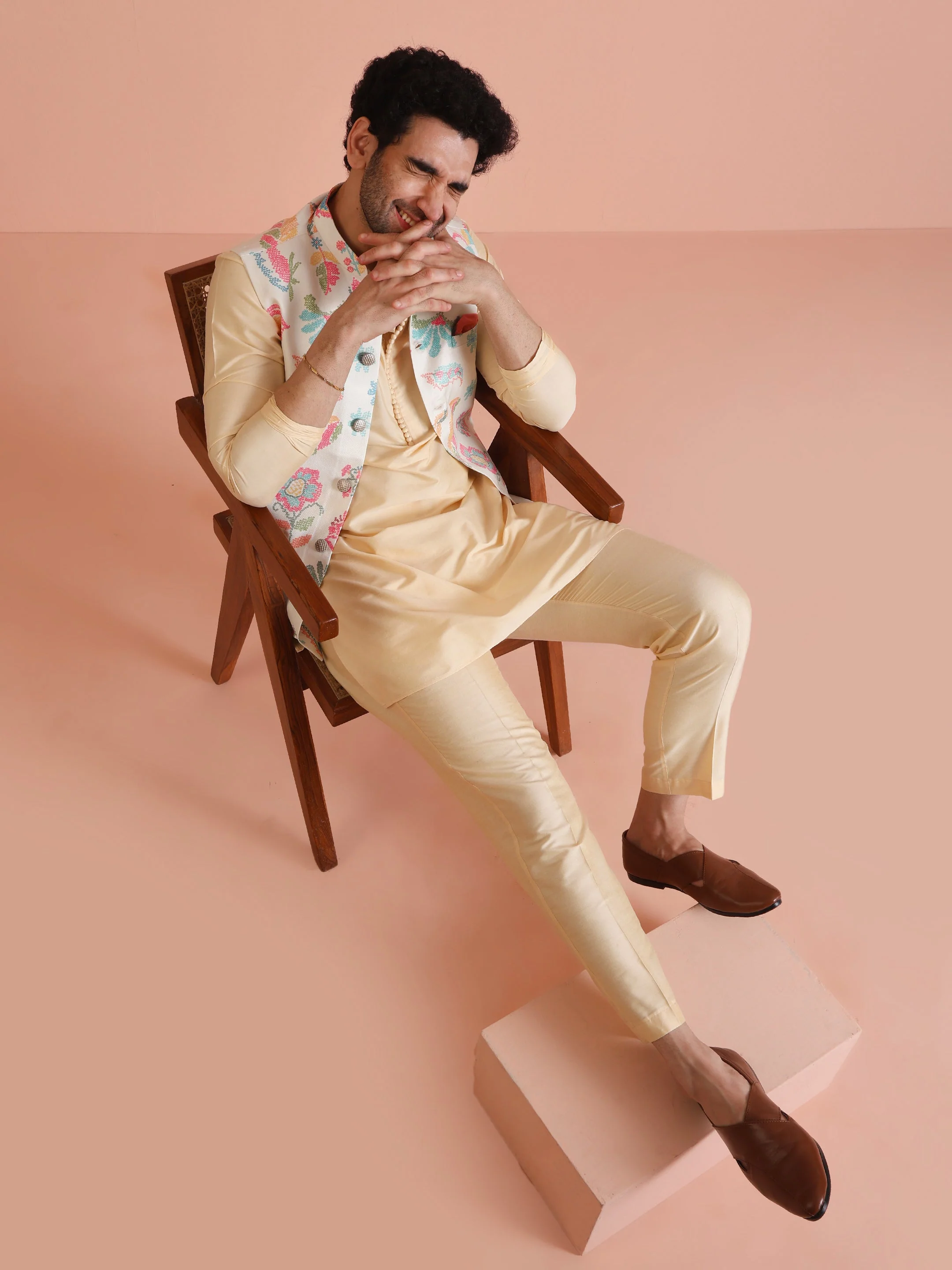 Cream Silk Blend Multicolor Floral Printed Nehru Jacket - Image 7
