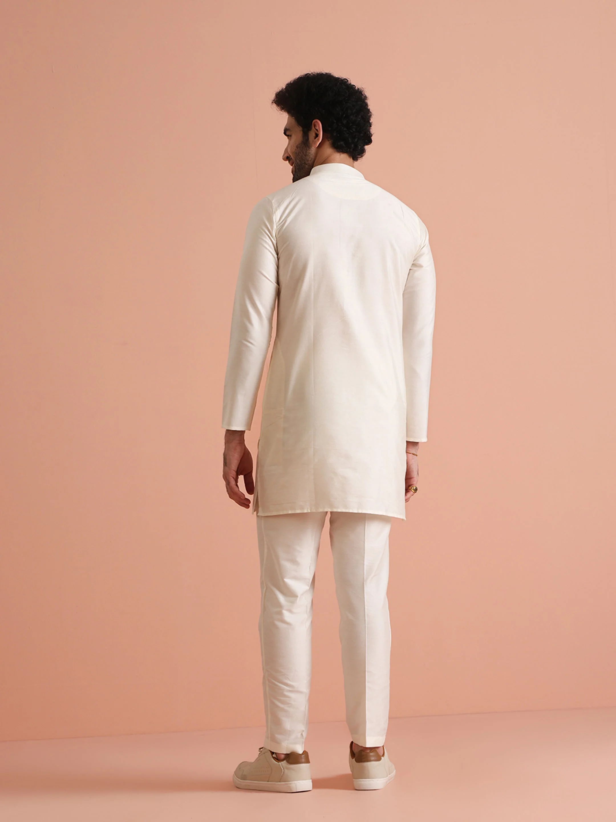 Cream Silk Blend Solid Mid Kurta Trouser - Image 3