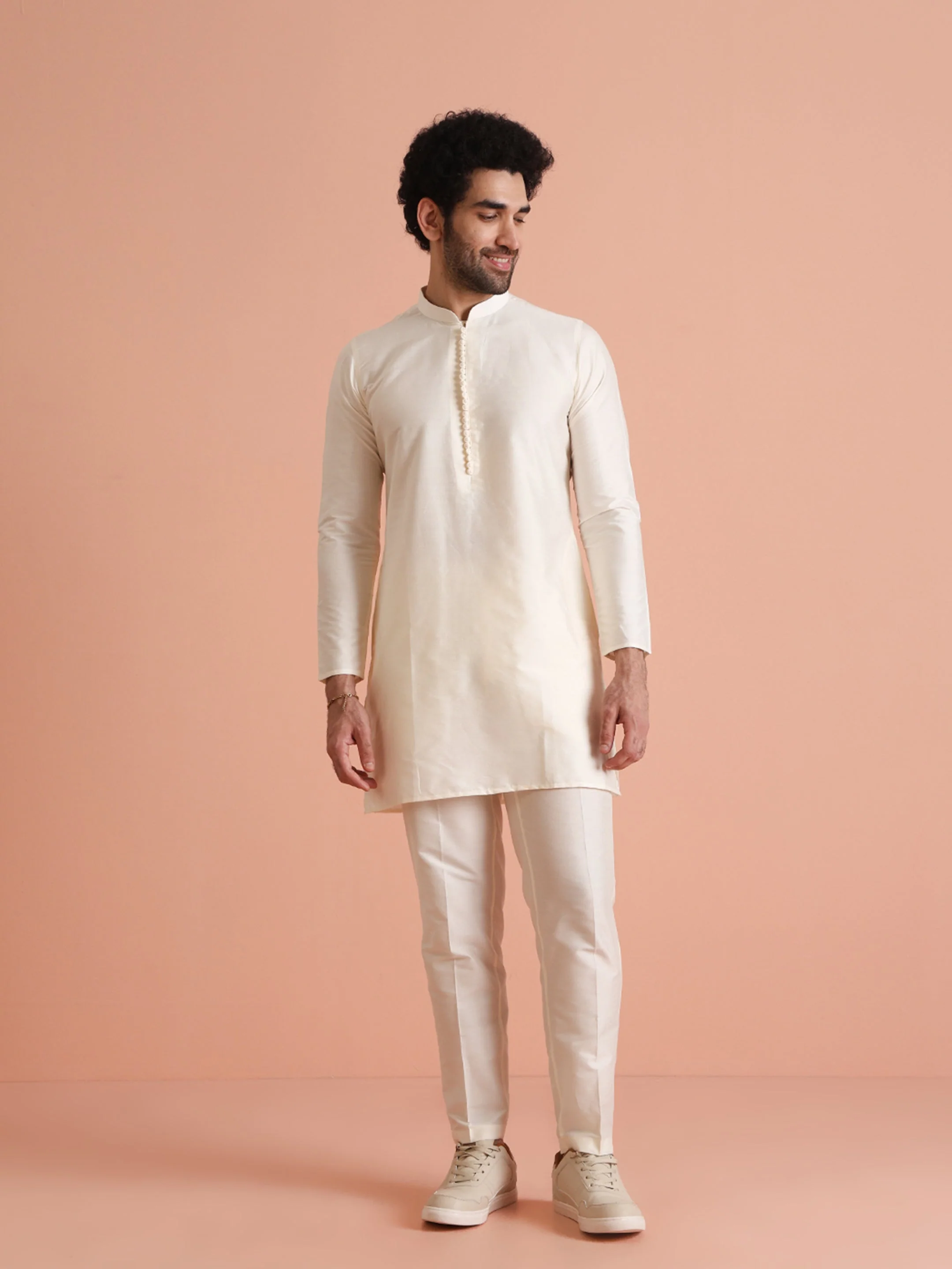 Cream Silk Blend Solid Mid Kurta Trouser - Image 6