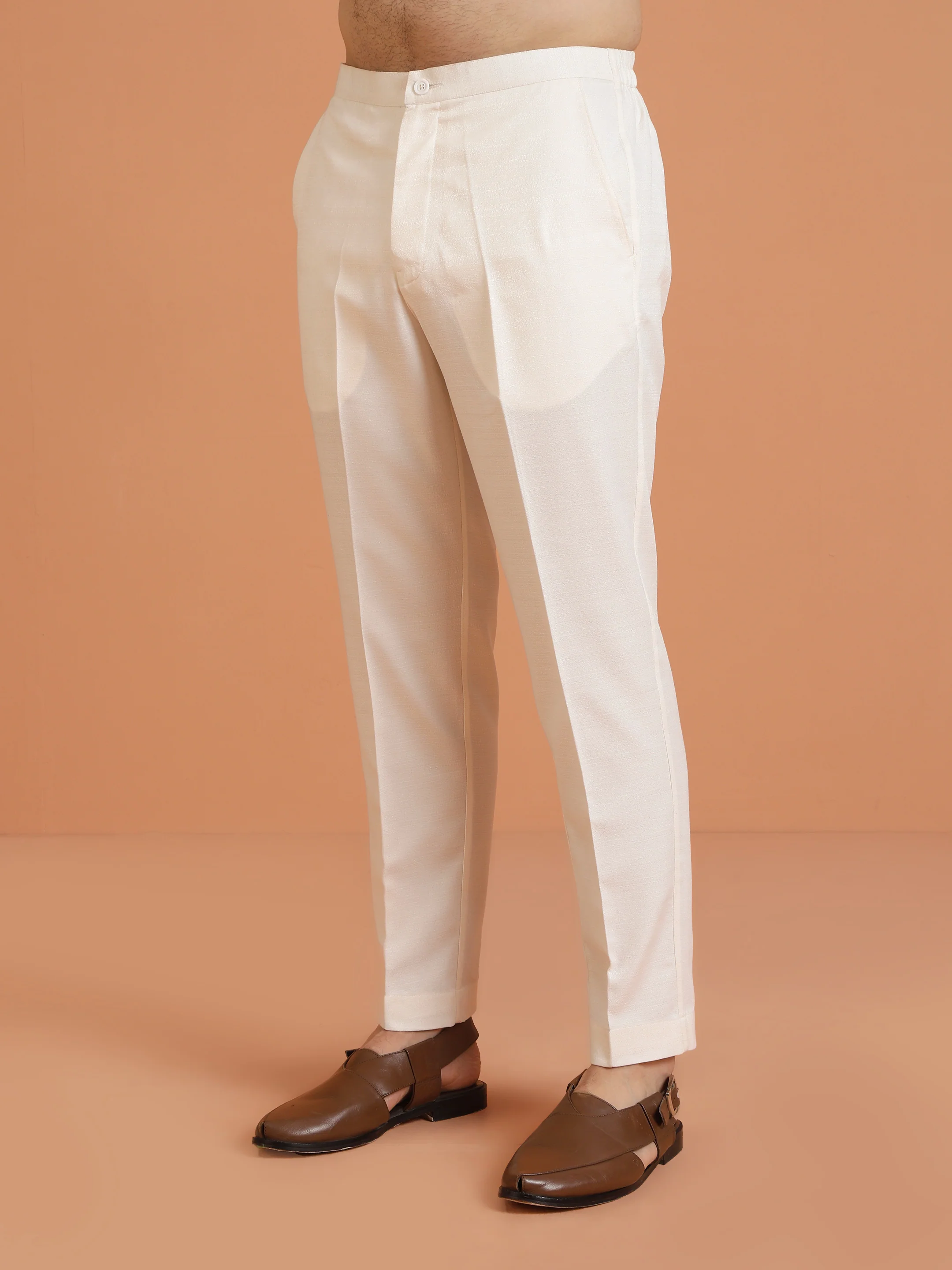 Cream Silk Blend Solid Trouser - Image 2
