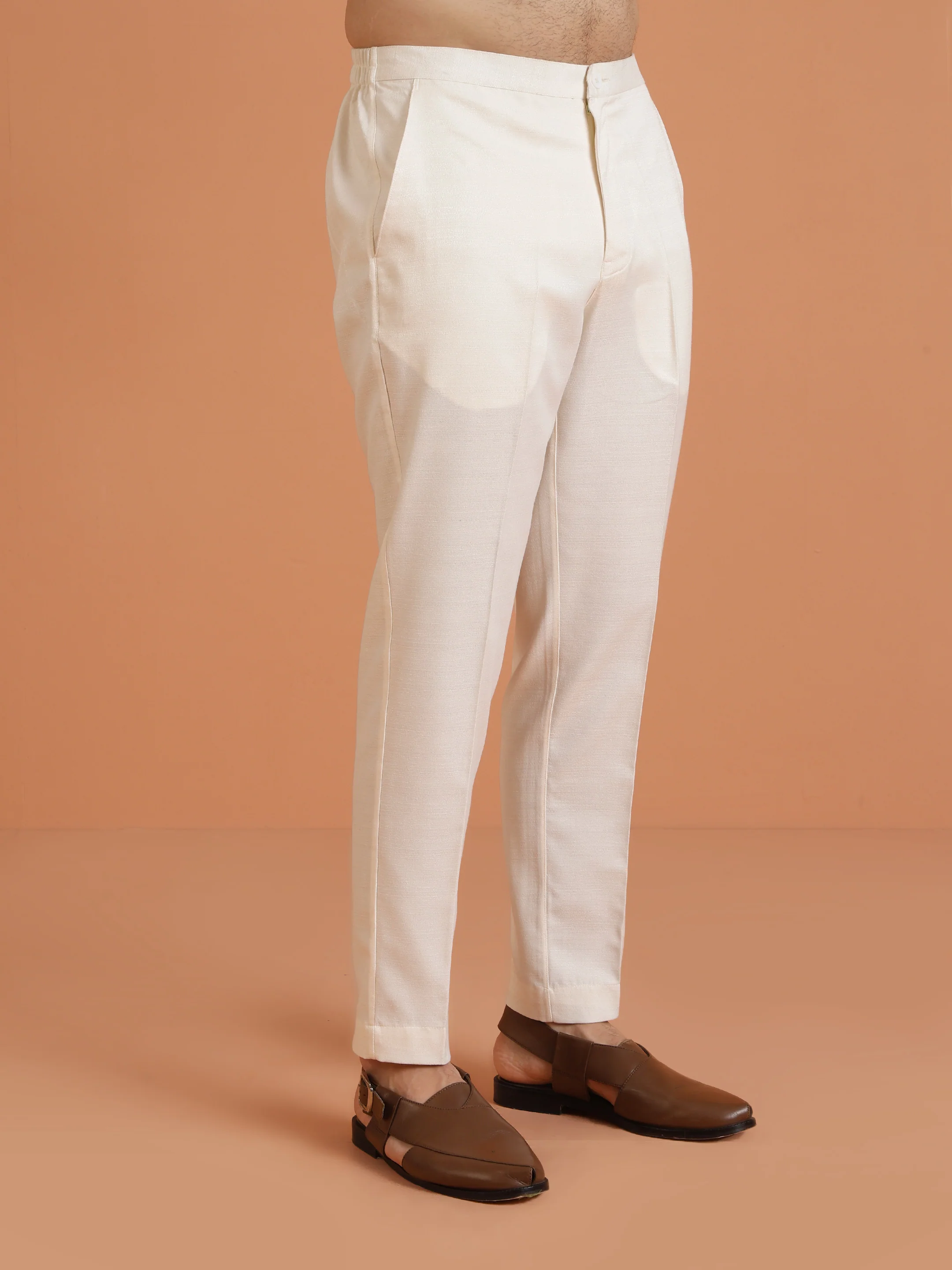 Cream Silk Blend Solid Trouser - Image 3
