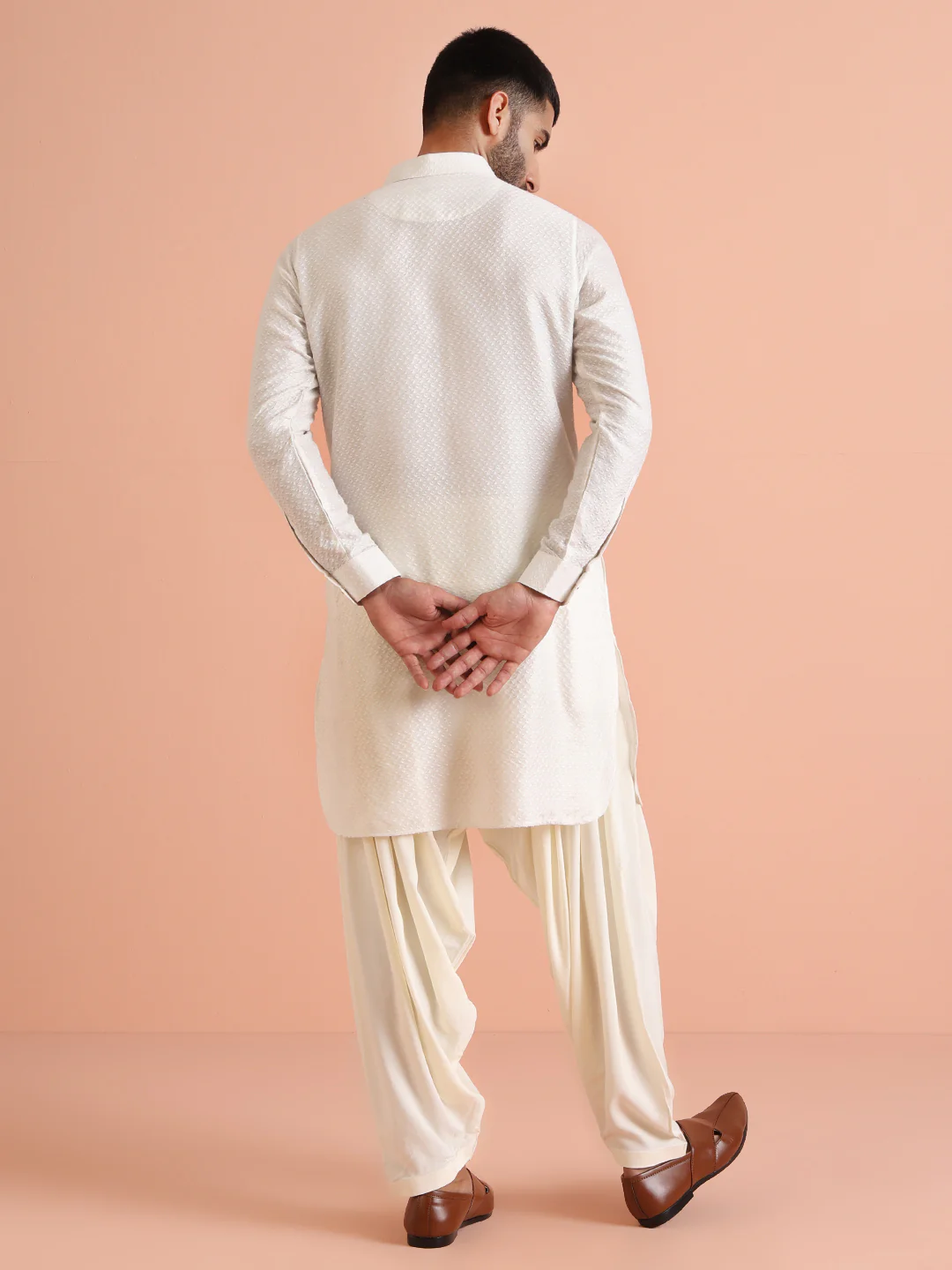 Cream Silk Blend Textured Long Pathani Kurta - Image 4