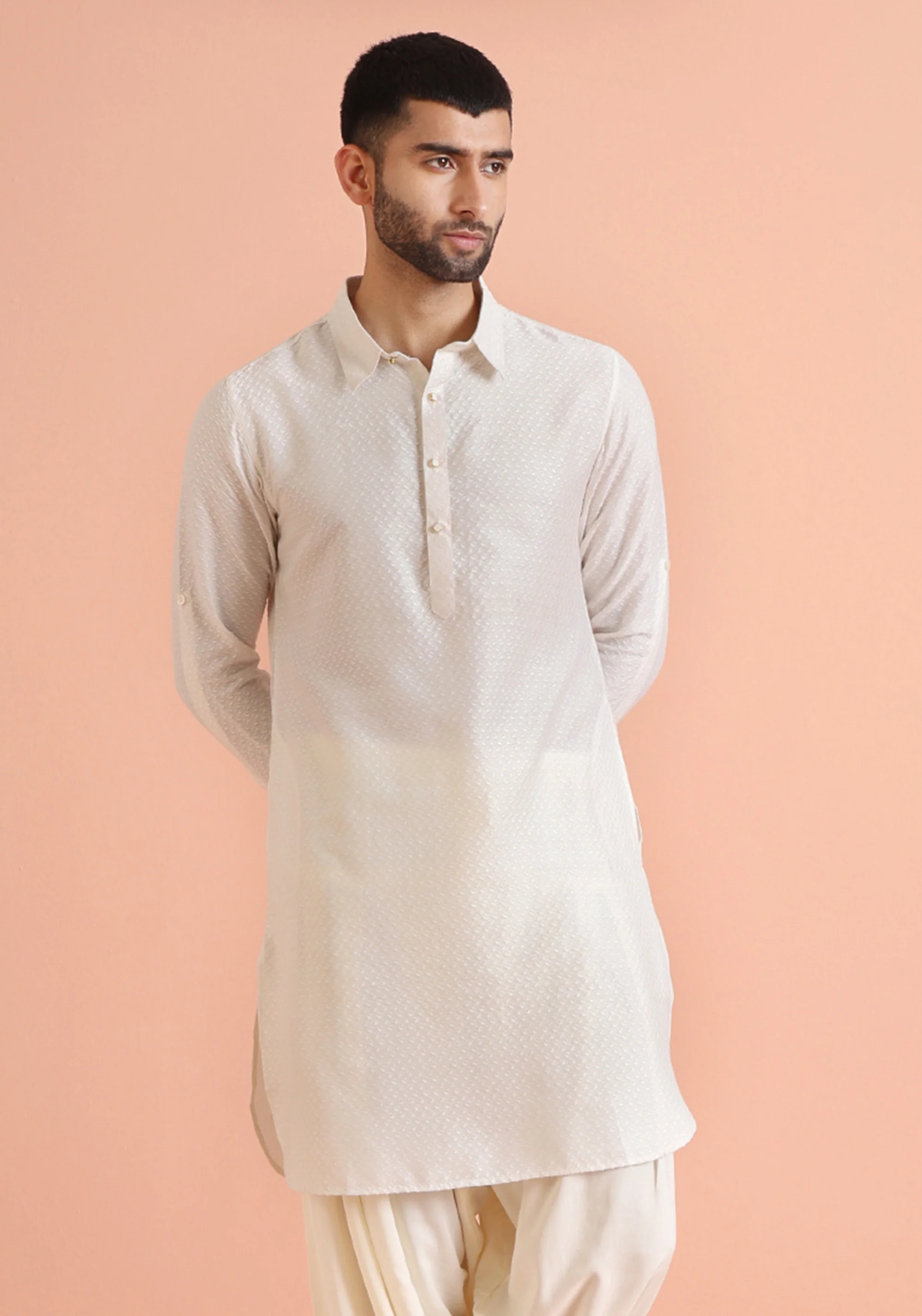 Cream Silk Blend Textured Long Pathani Kurta - Image 6