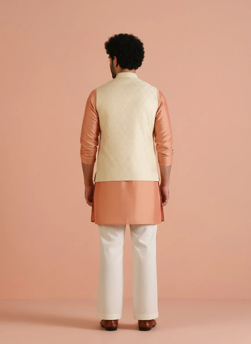 Cream Silk Blend Textured Mid Kurta Jacket Wide Leg Trouser Set - Image 3