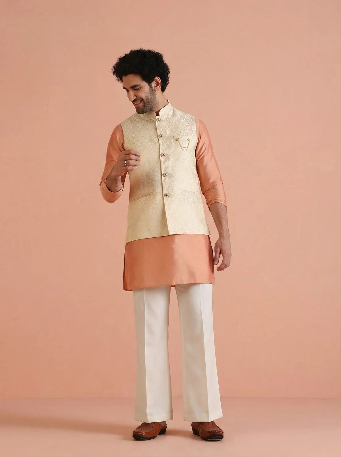 Cream Silk Blend Textured Mid Kurta Jacket Wide Leg Trouser Set - Image 6