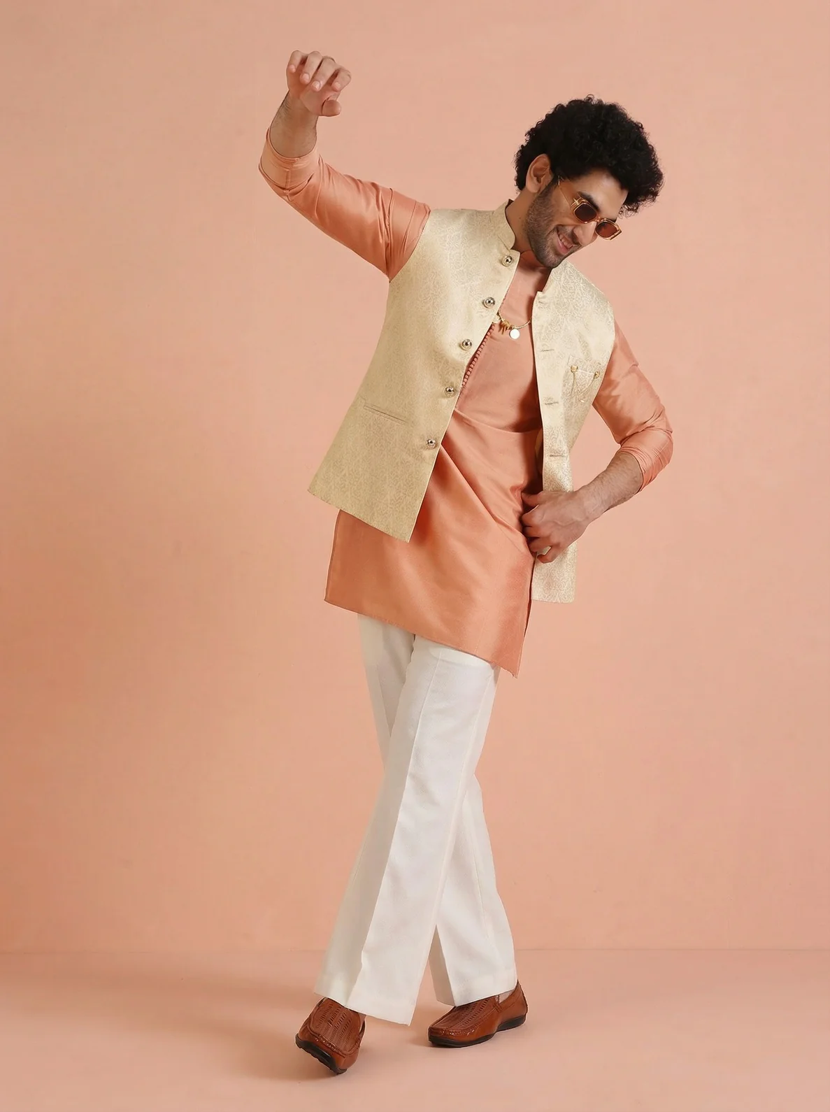 Cream Silk Blend Textured Mid Kurta Jacket Wide Leg Trouser Set - Image 7