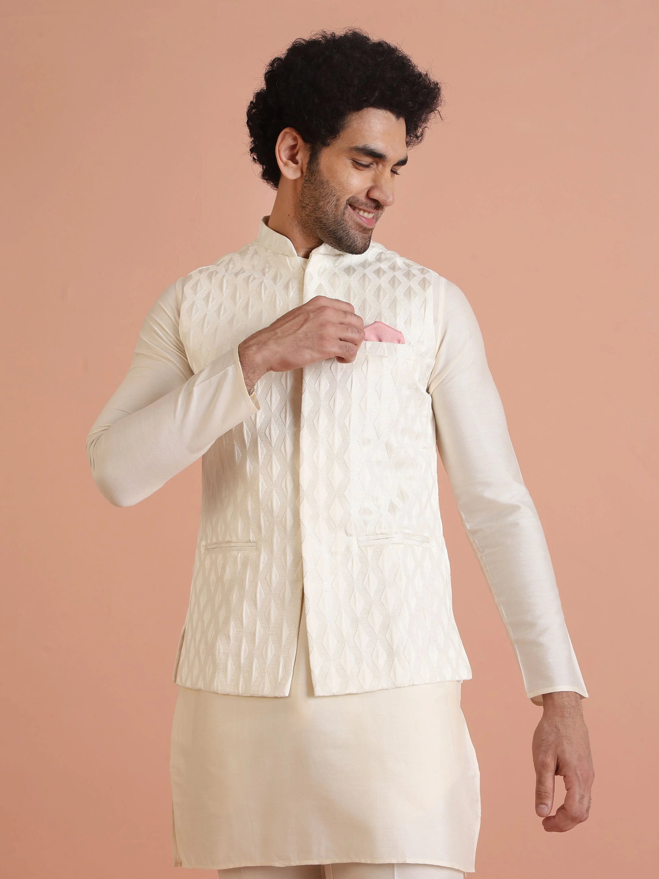Cream Silk Blend Textured Nehru Jacket Kurta Set - Image 7