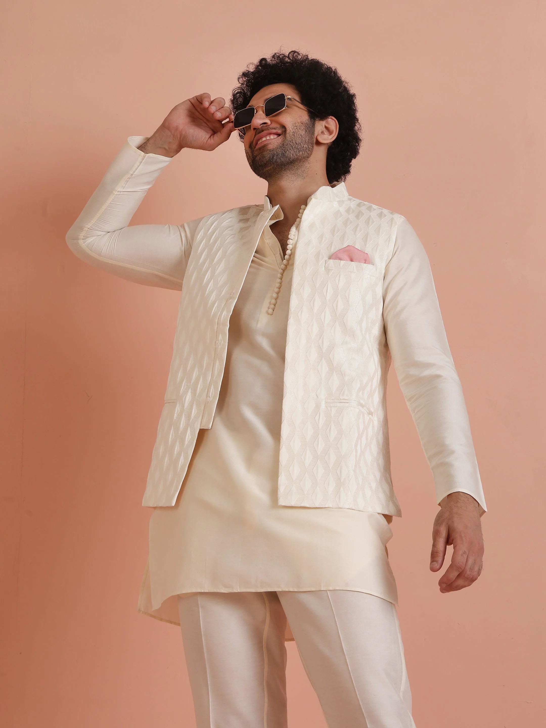 Cream Silk Blend Textured Nehru Jacket Kurta Set - Image 8