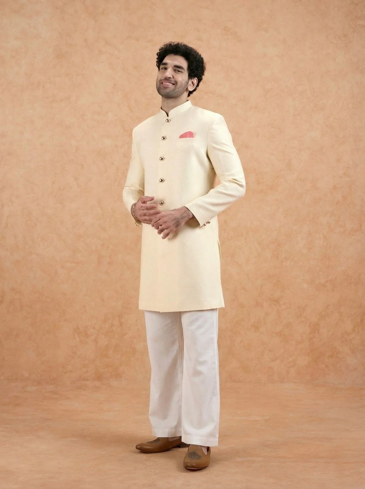 Cream Silk Blend Textured Sherwani Wide Leg Trouser Set