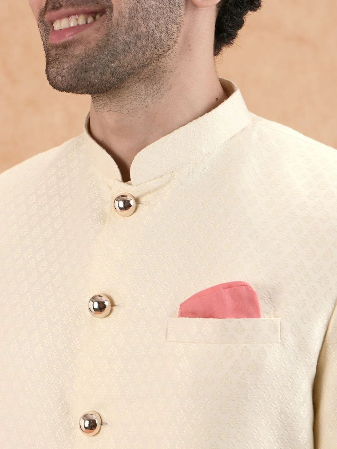 Cream Silk Blend Textured Sherwani Wide Leg Trouser Set - Image 4