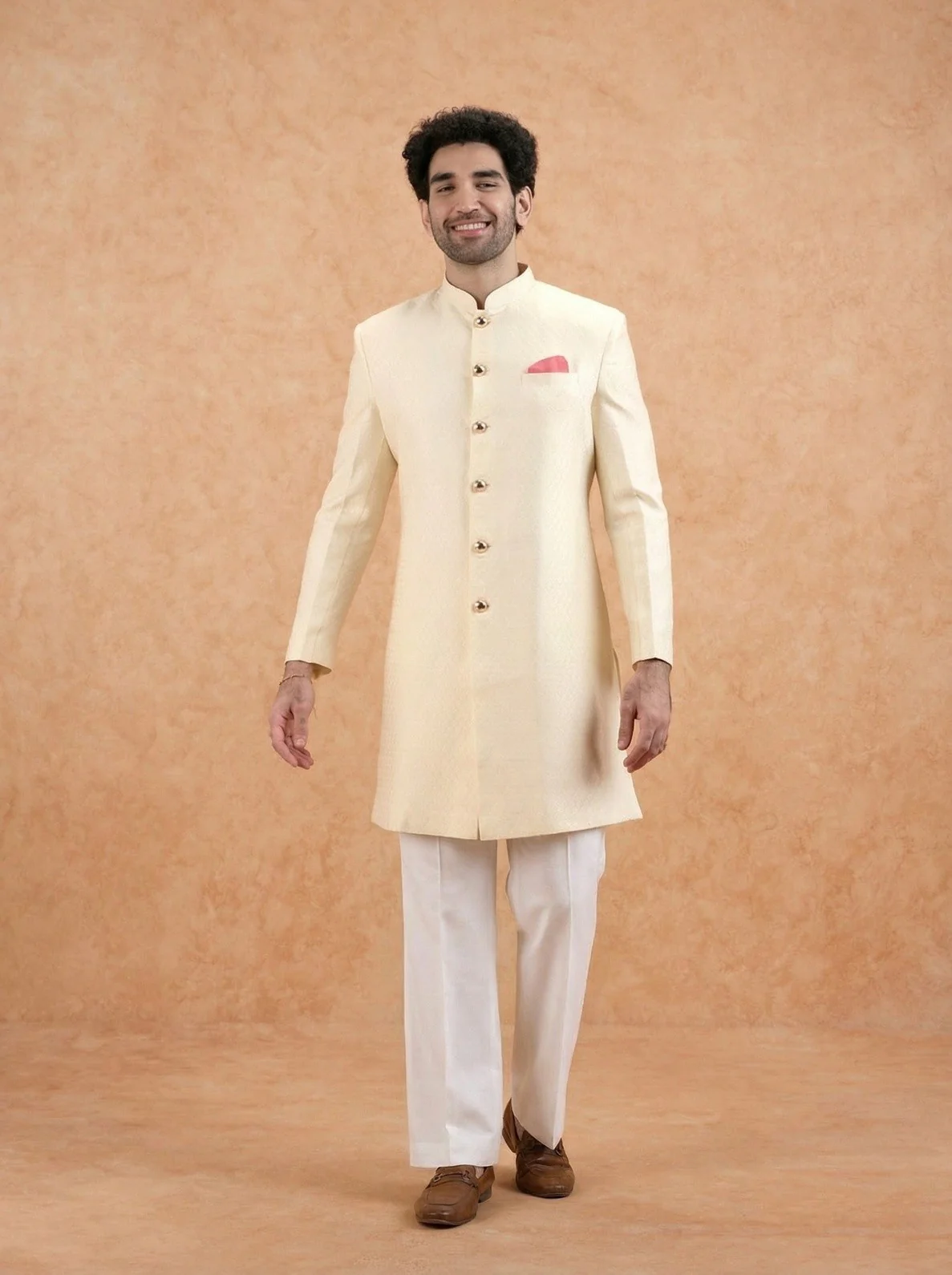 Cream Silk Blend Textured Sherwani Wide Leg Trouser Set - Image 6