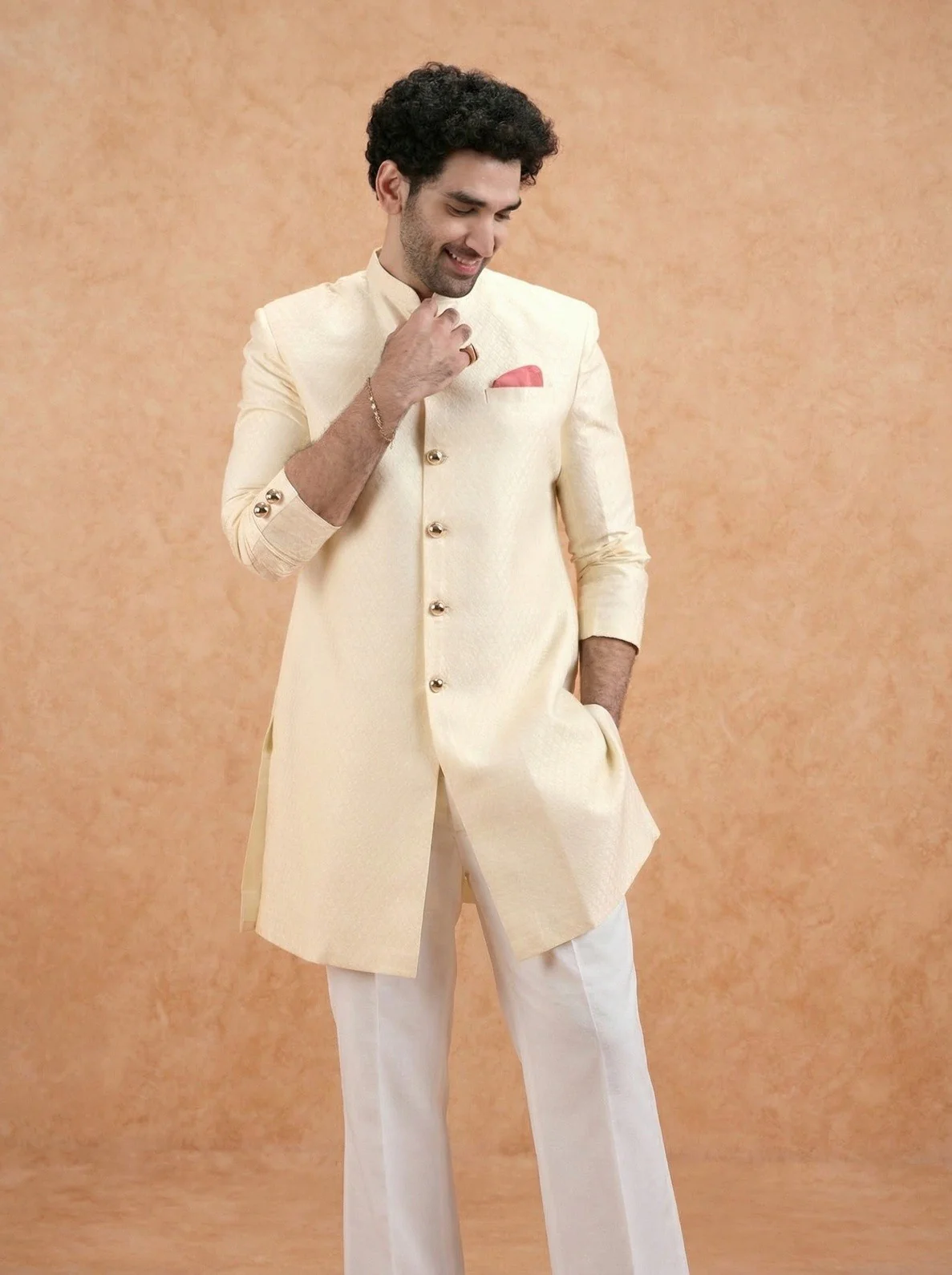 Cream Silk Blend Textured Sherwani Wide Leg Trouser Set - Image 8