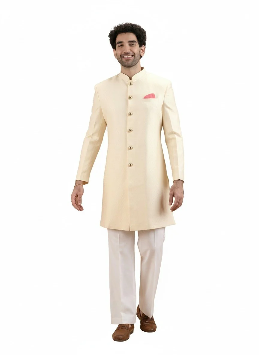 Cream Silk Blend Textured Sherwani Wide Leg Trouser Set - Image 9