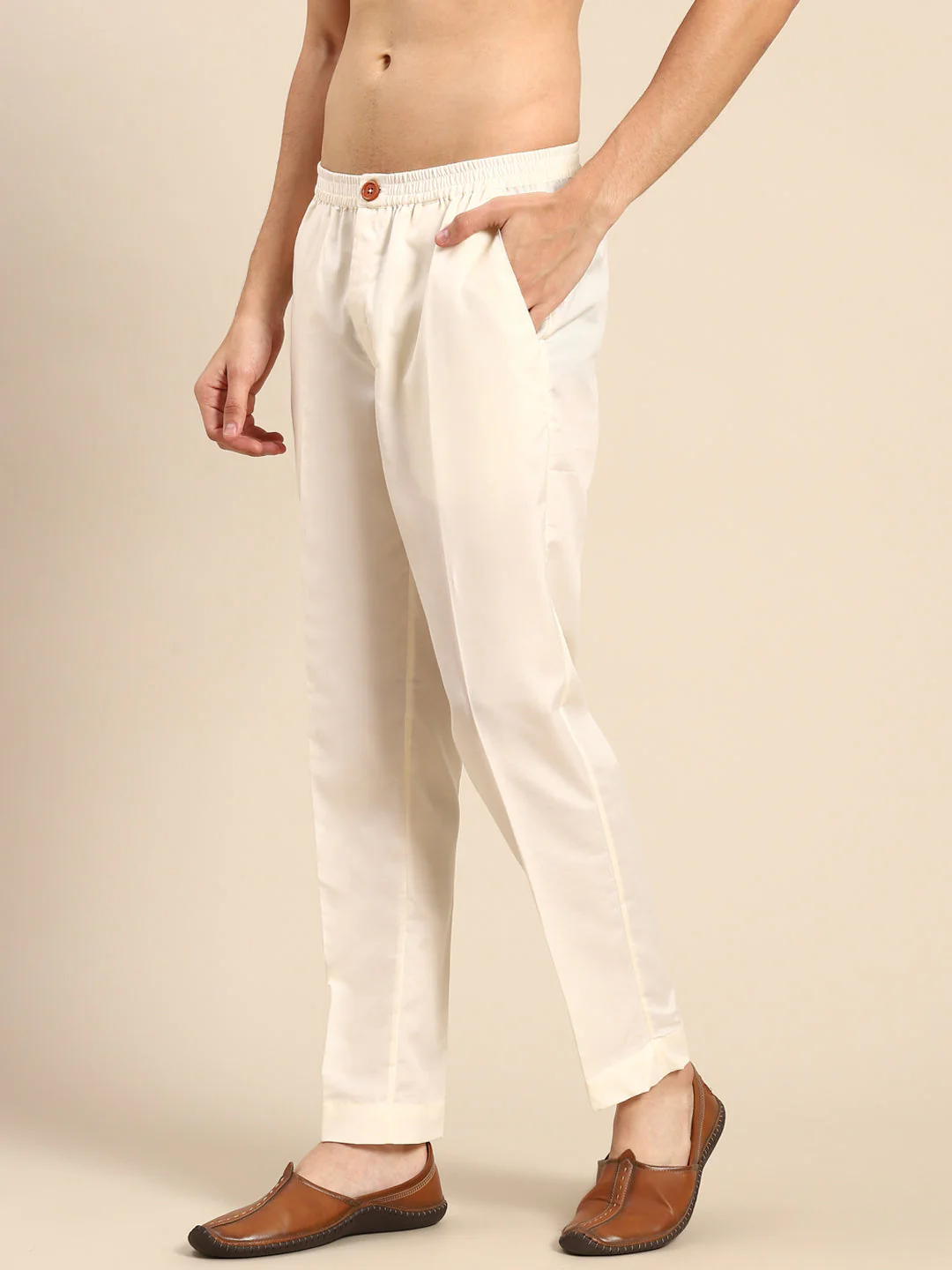Cream Solid Cotton Blend Trouser - Image 2