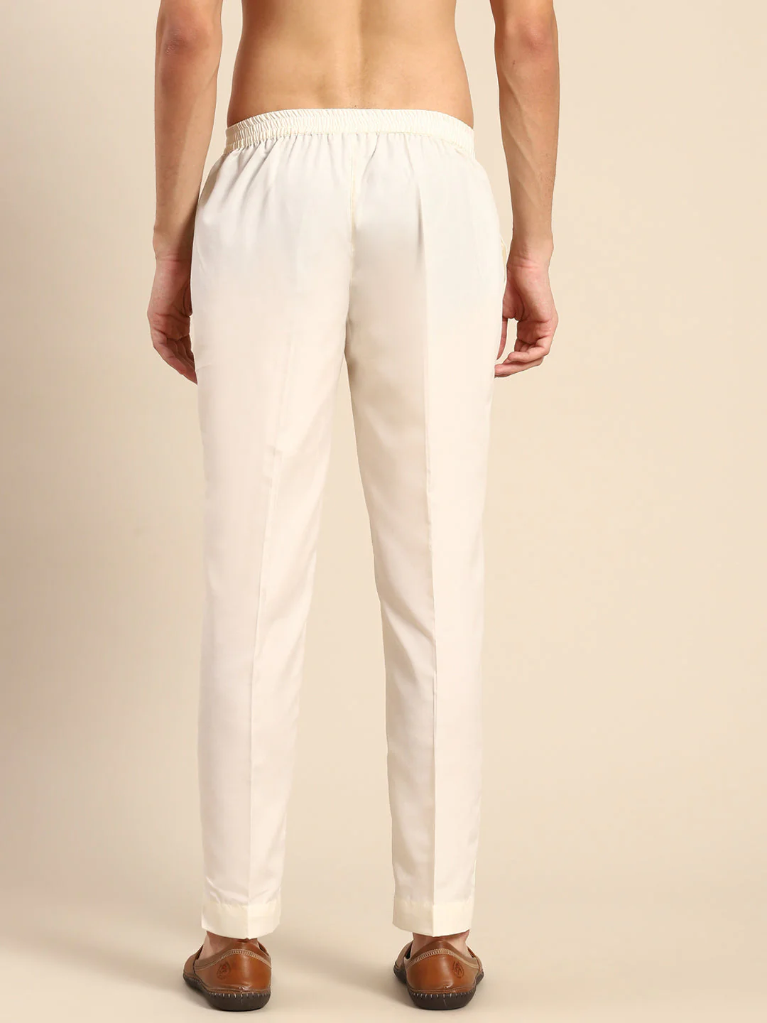 Cream Solid Cotton Blend Trouser - Image 3
