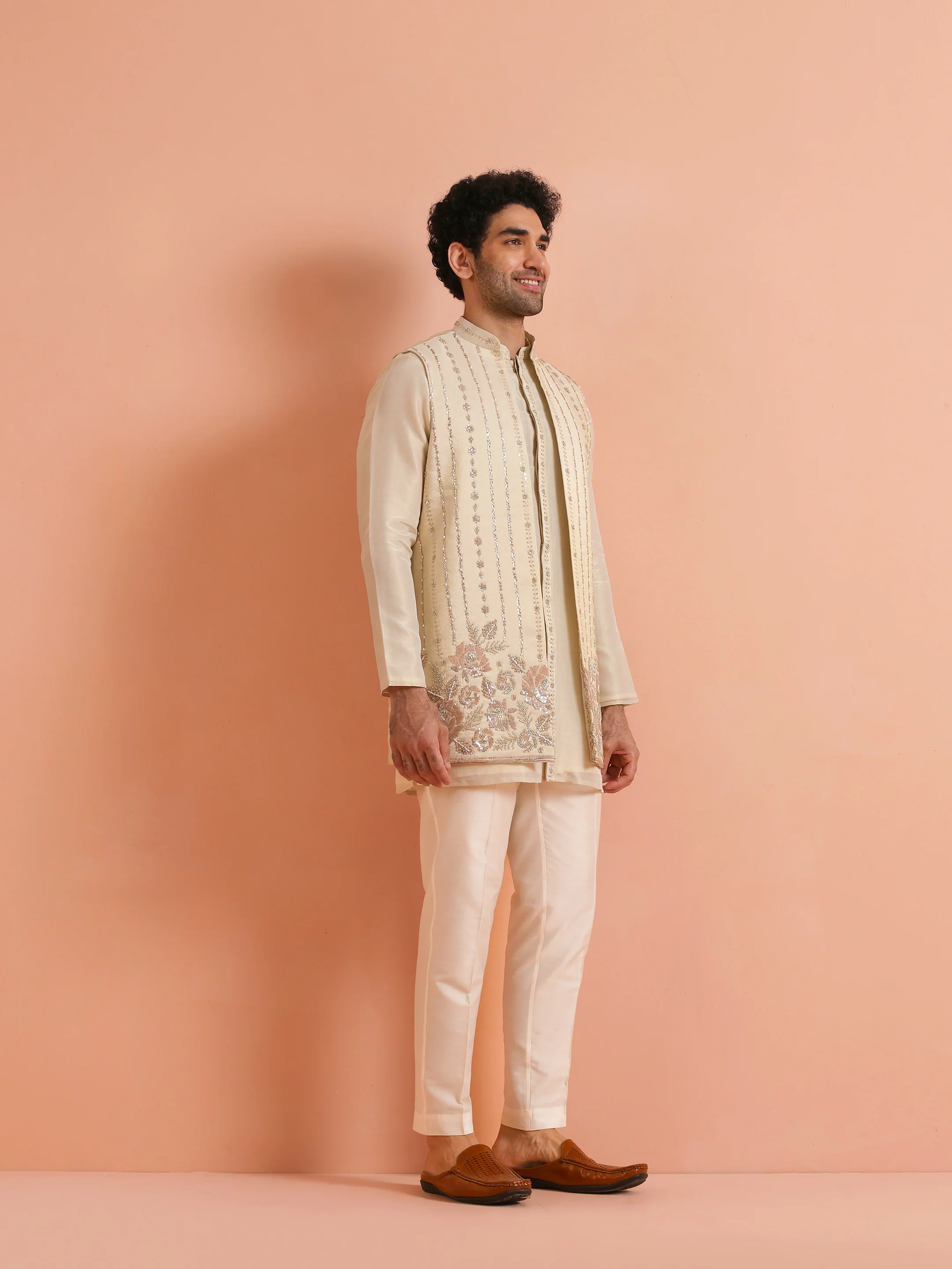 Cream Tissue Embellished Front Open Mid Kurta Jacket Trouser Set - Image 3