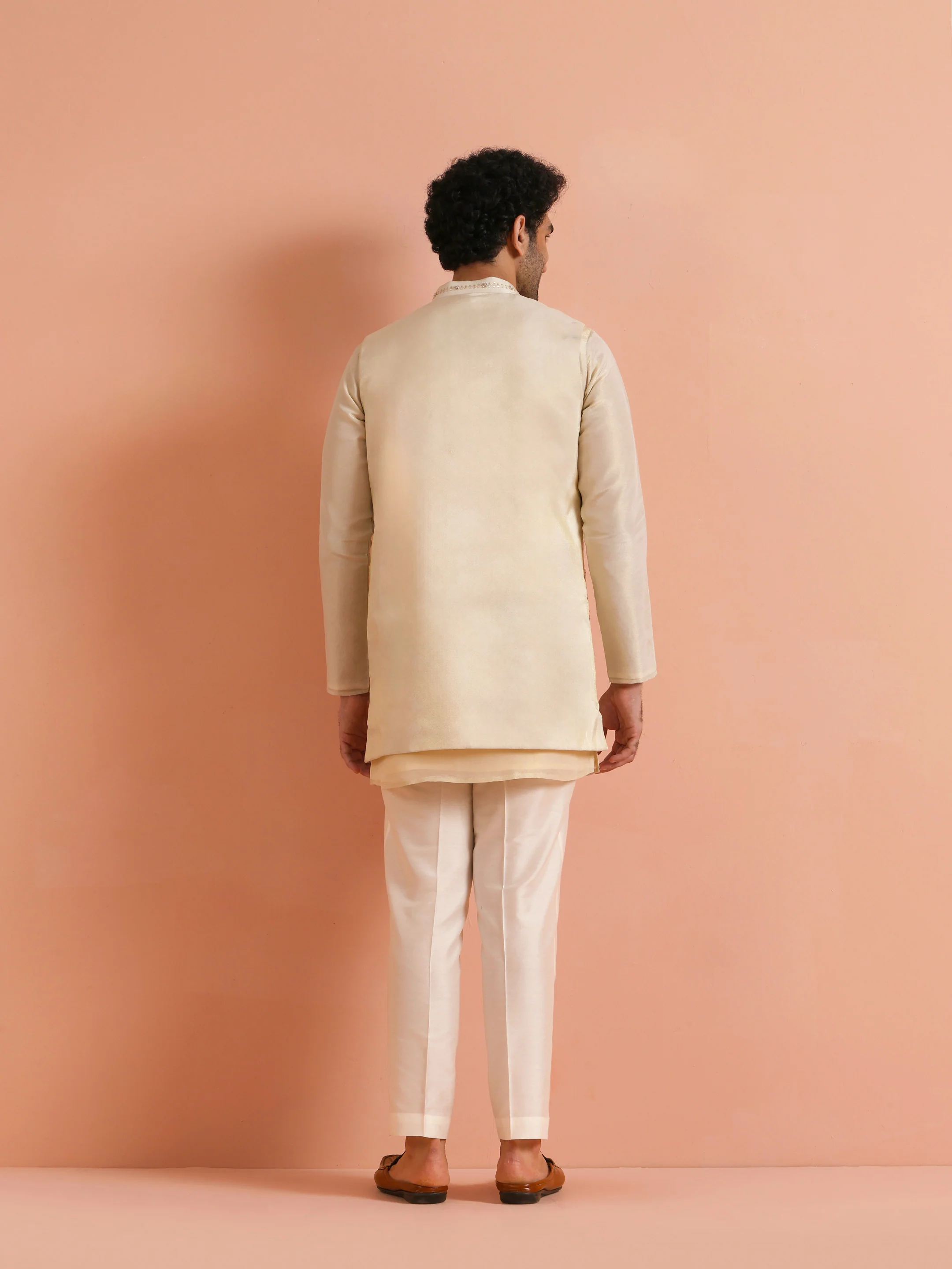 Cream Tissue Embellished Front Open Mid Kurta Jacket Trouser Set - Image 4