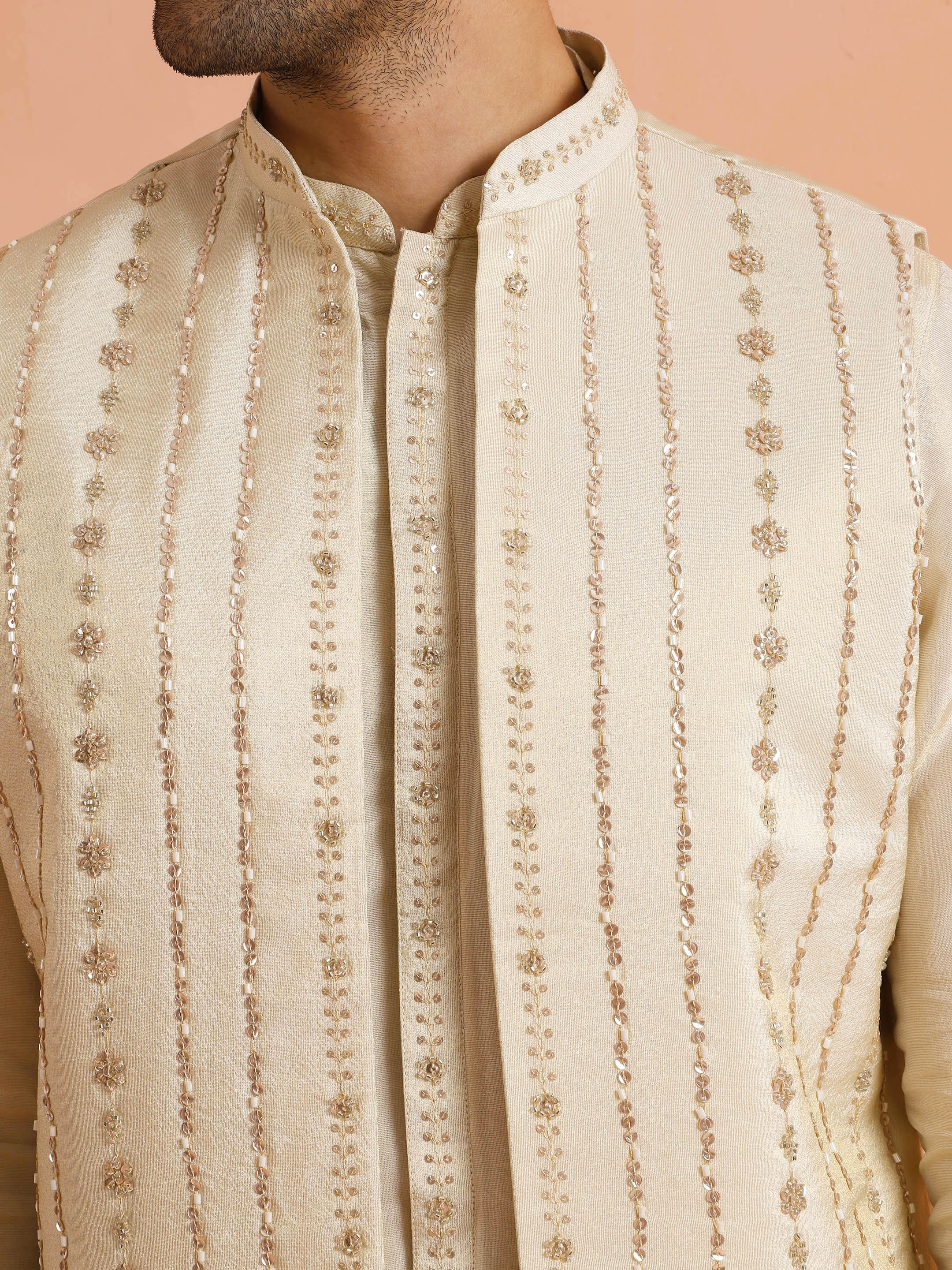 Cream Tissue Embellished Front Open Mid Kurta Jacket Trouser Set - Image 5