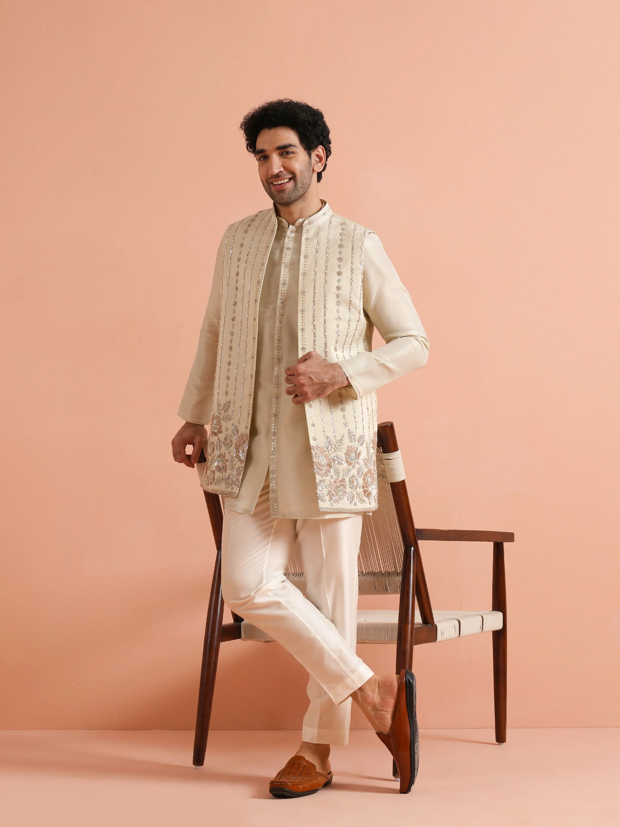 Cream Tissue Embellished Front Open Mid Kurta Jacket Trouser Set - Image 7