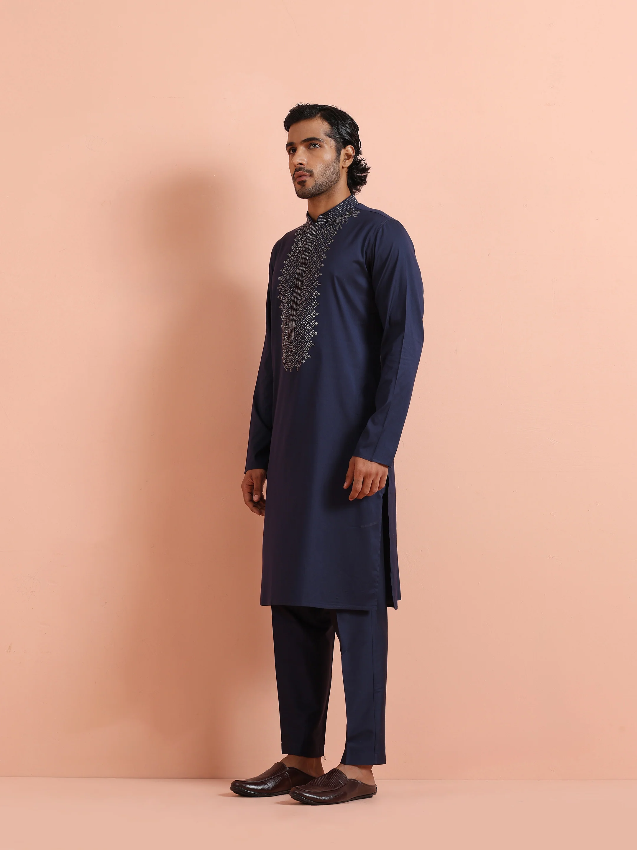 Dark Blue Poly Silk Swarovski Work Long Kurta - Image 2