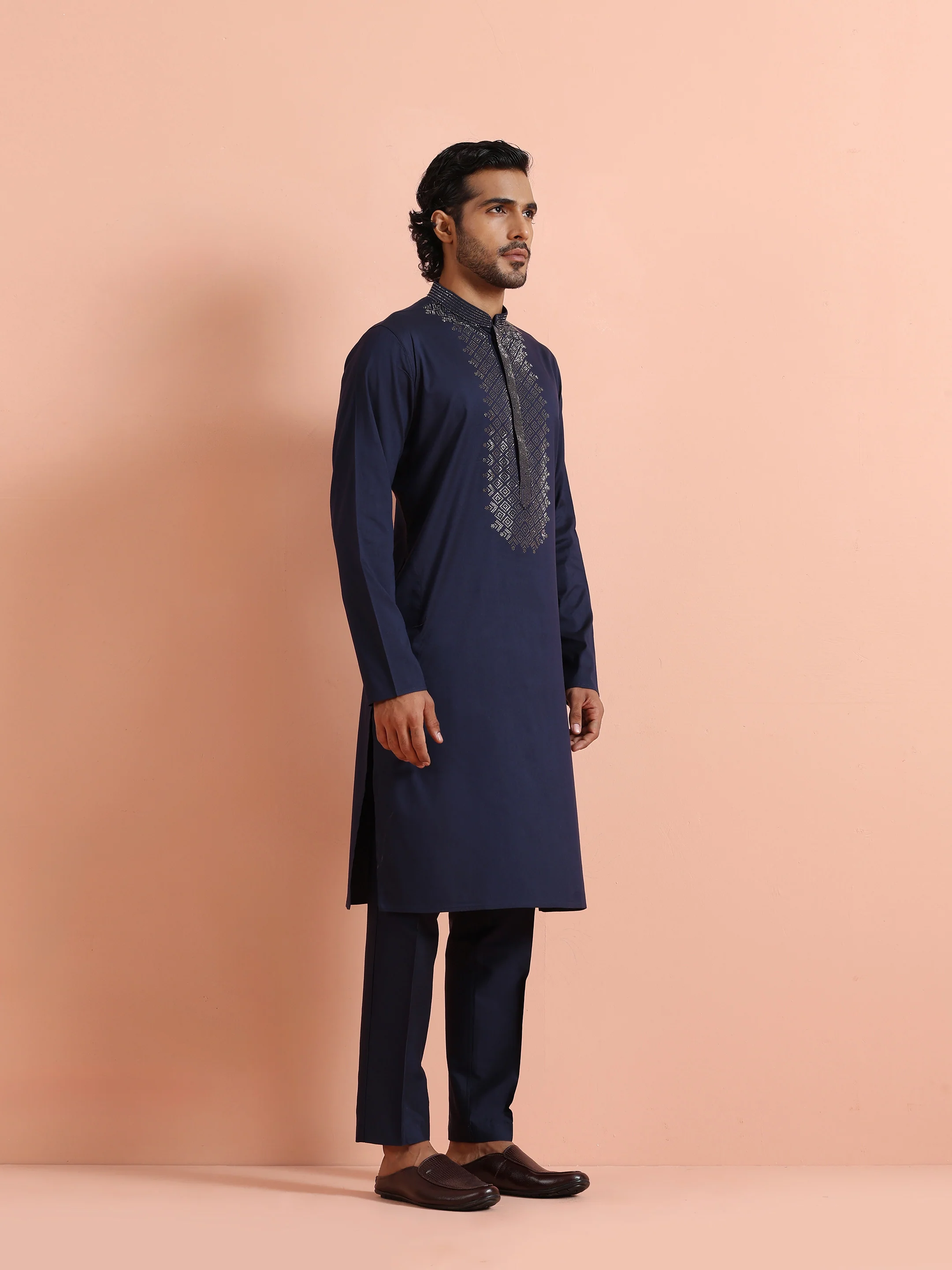 Dark Blue Poly Silk Swarovski Work Long Kurta - Image 3