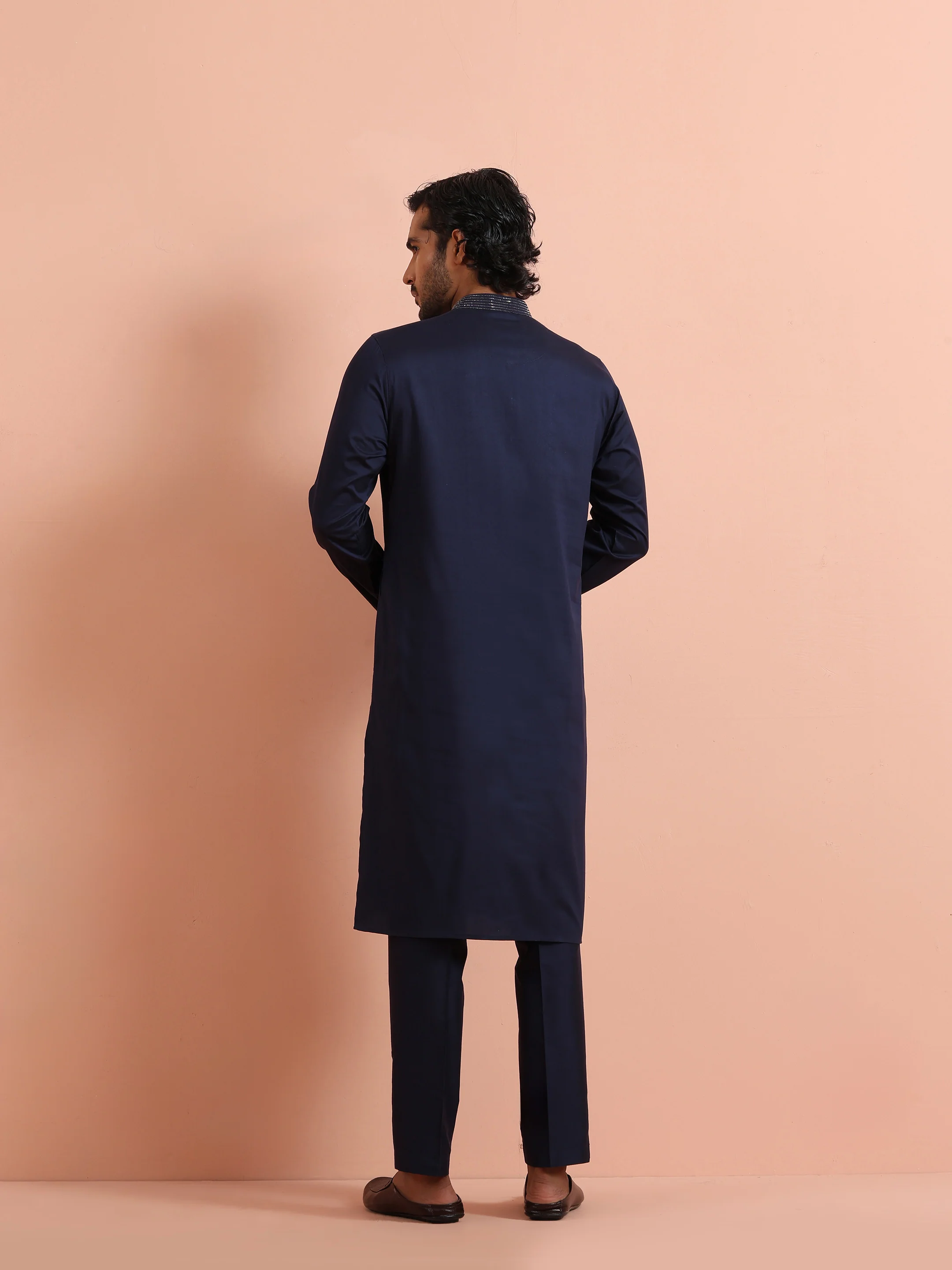 Dark Blue Poly Silk Swarovski Work Long Kurta - Image 4