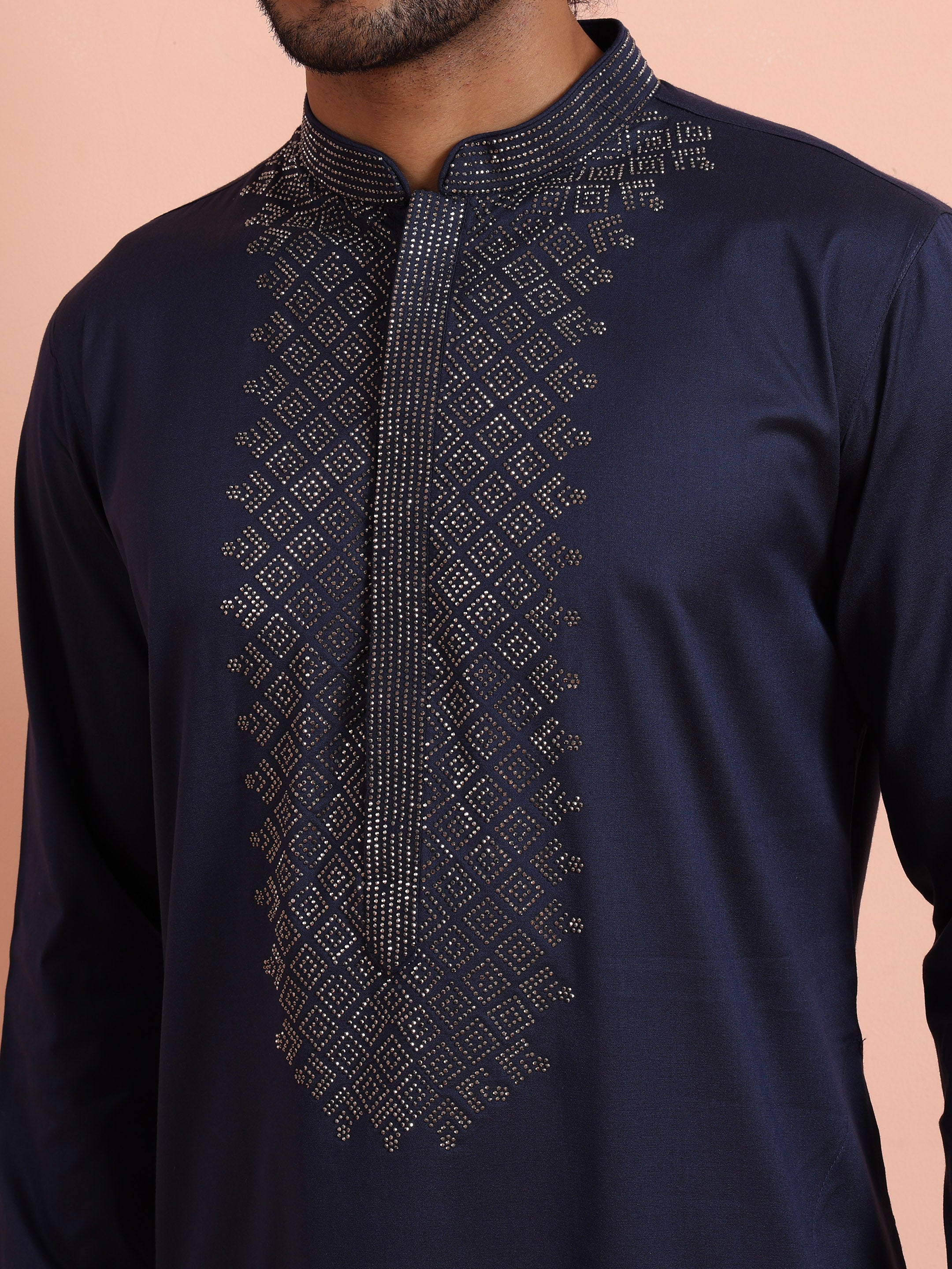 Dark Blue Poly Silk Swarovski Work Long Kurta - Image 5