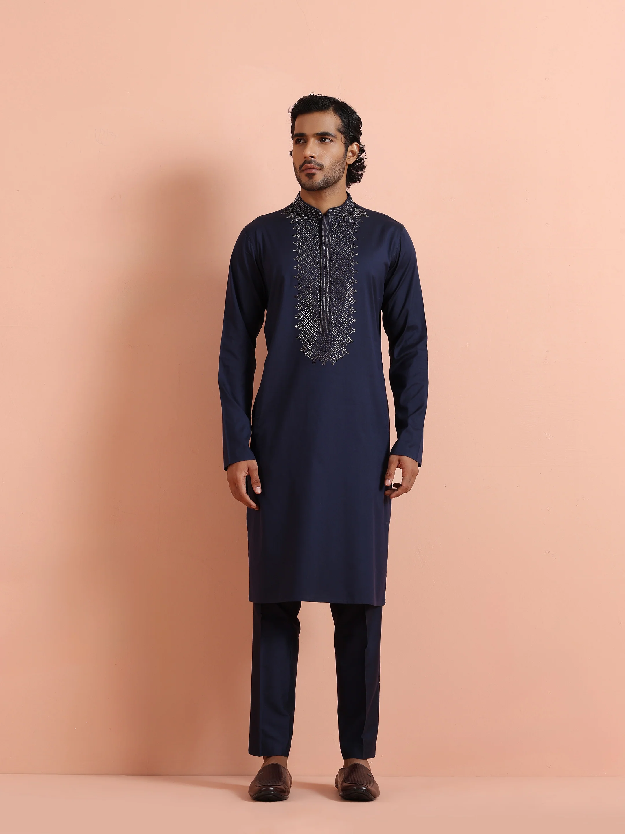 Dark Blue Poly Silk Swarovski Work Long Kurta - Image 7