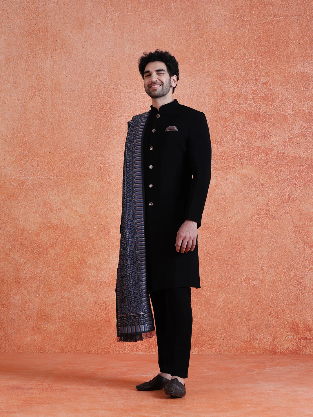 Dark Blue Silk Blend Jacquard Dupatta - Image 3