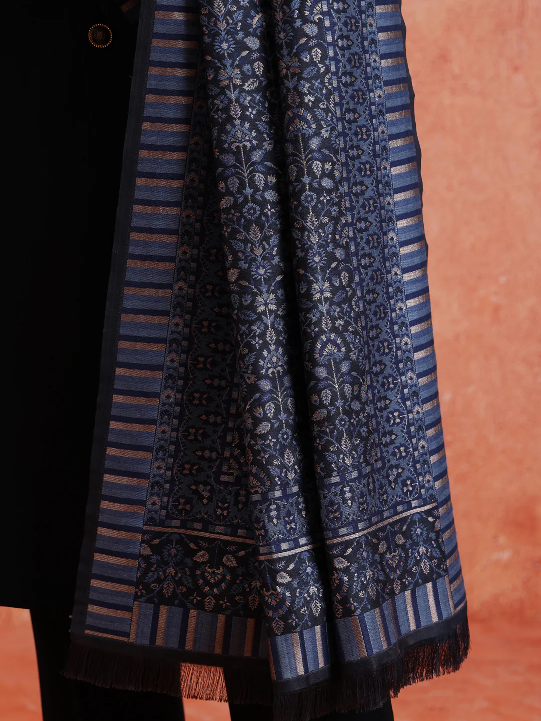 Dark Blue Silk Blend Jacquard Dupatta - Image 4