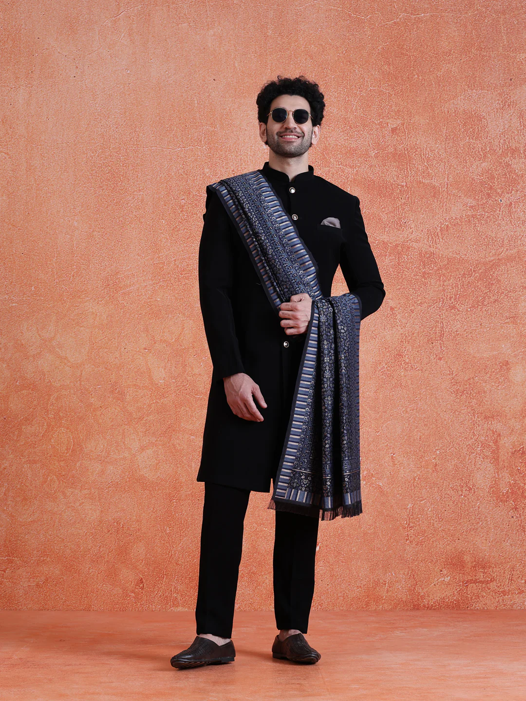 Dark Blue Silk Blend Jacquard Dupatta - Image 6