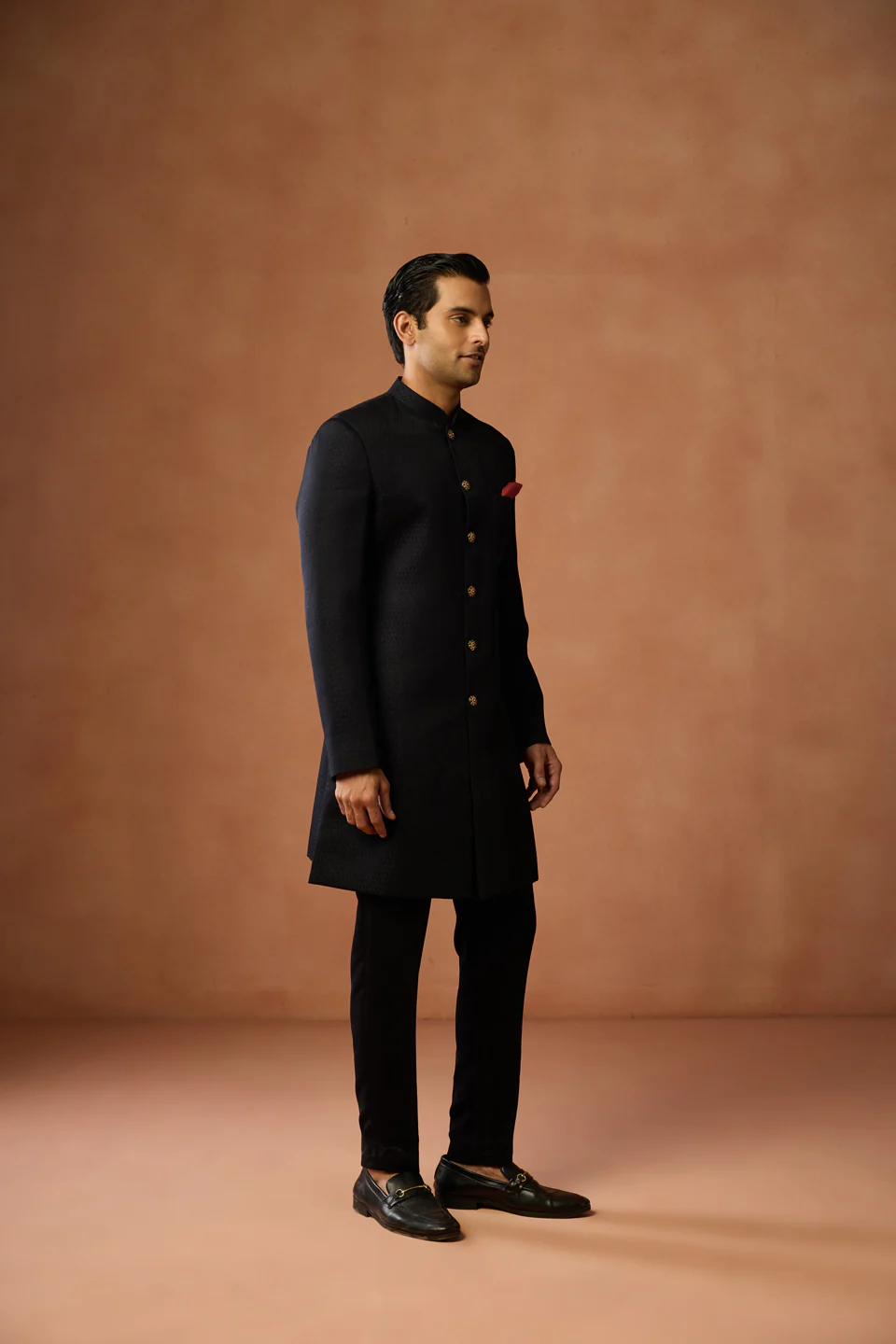 Black Silk Blend Jacquard Sherwani Set - Image 3
