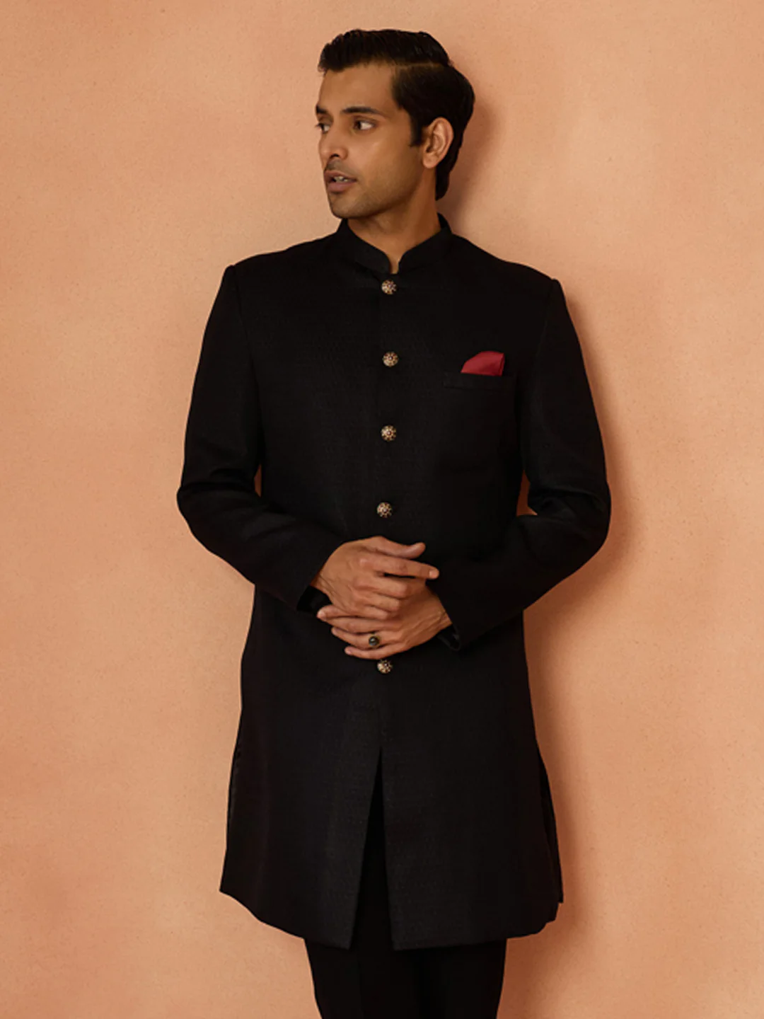 Black Silk Blend Jacquard Sherwani Set - Image 8