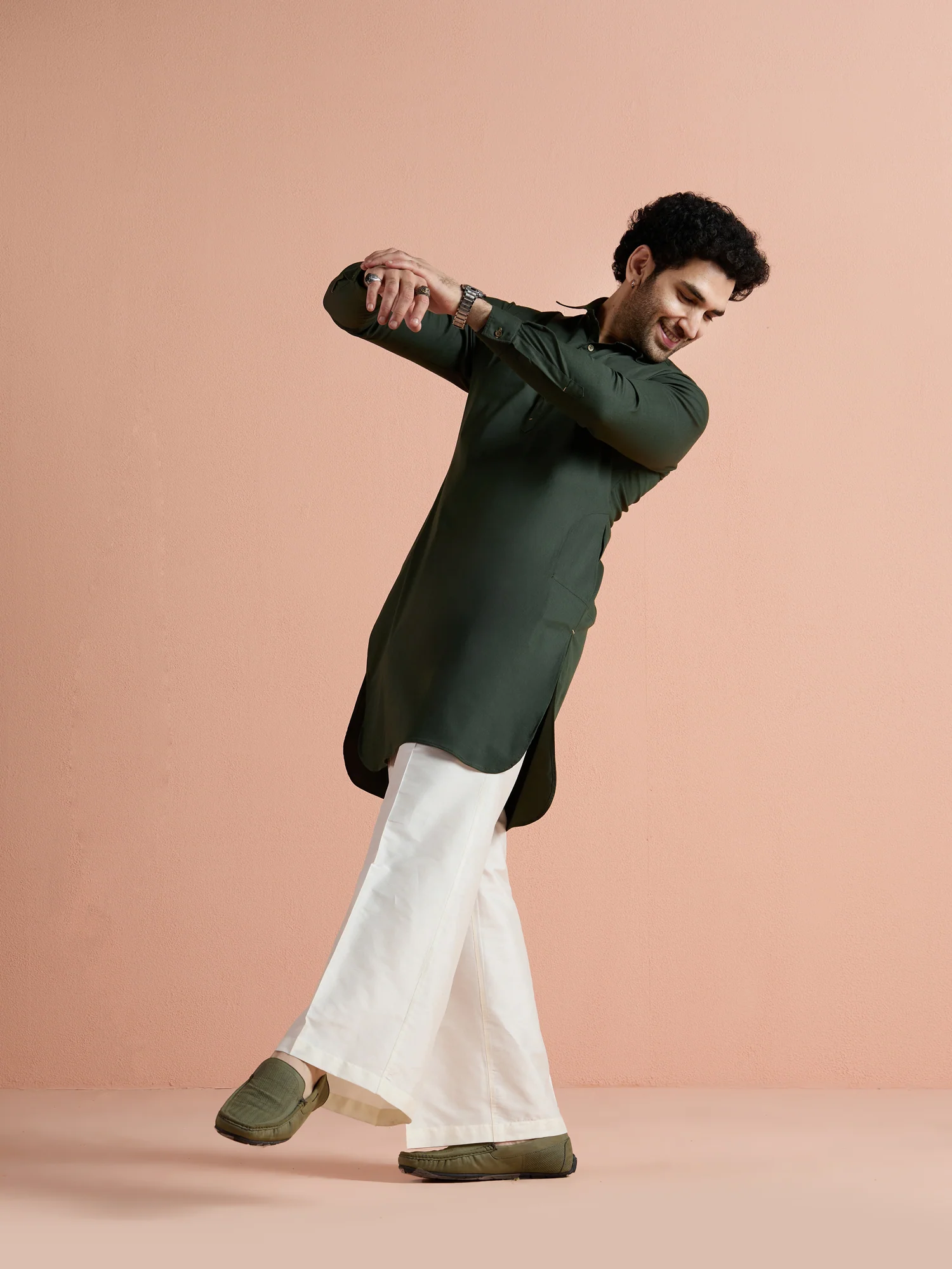 Dark Green Denim Solid Pathani Kurta - Image 3