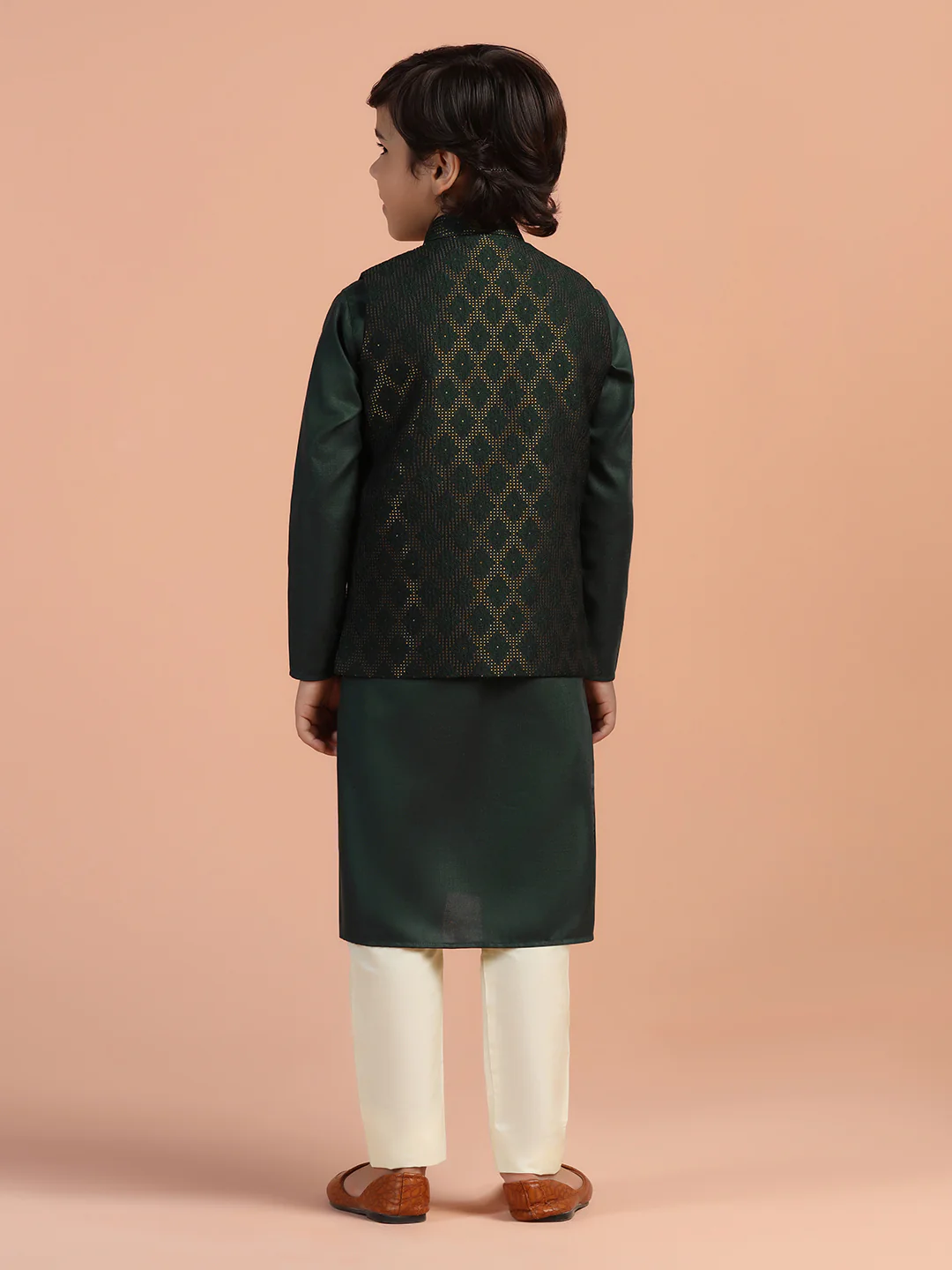Dark Green Jacquard Kids Kurta Set - Image 4