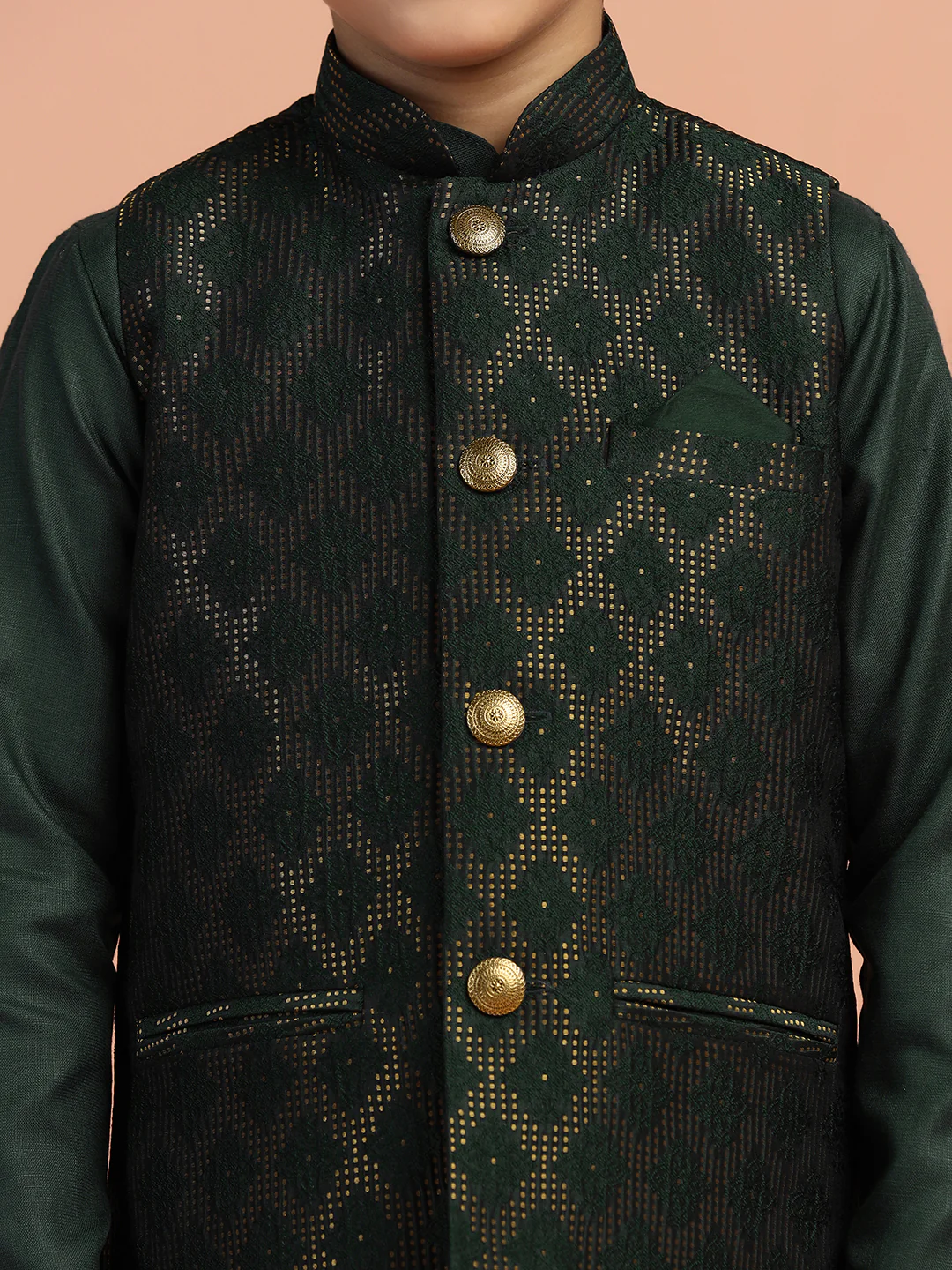 Dark Green Jacquard Kids Kurta Set - Image 5