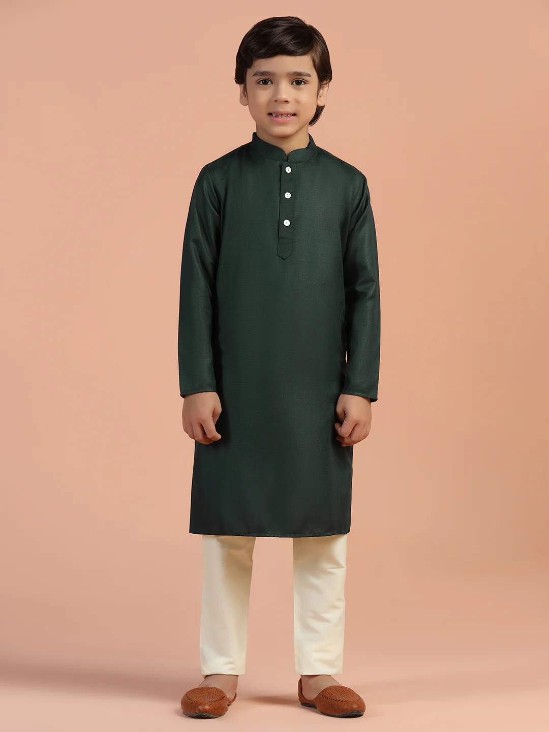 Dark Green Jacquard Kids Kurta Set - Image 7