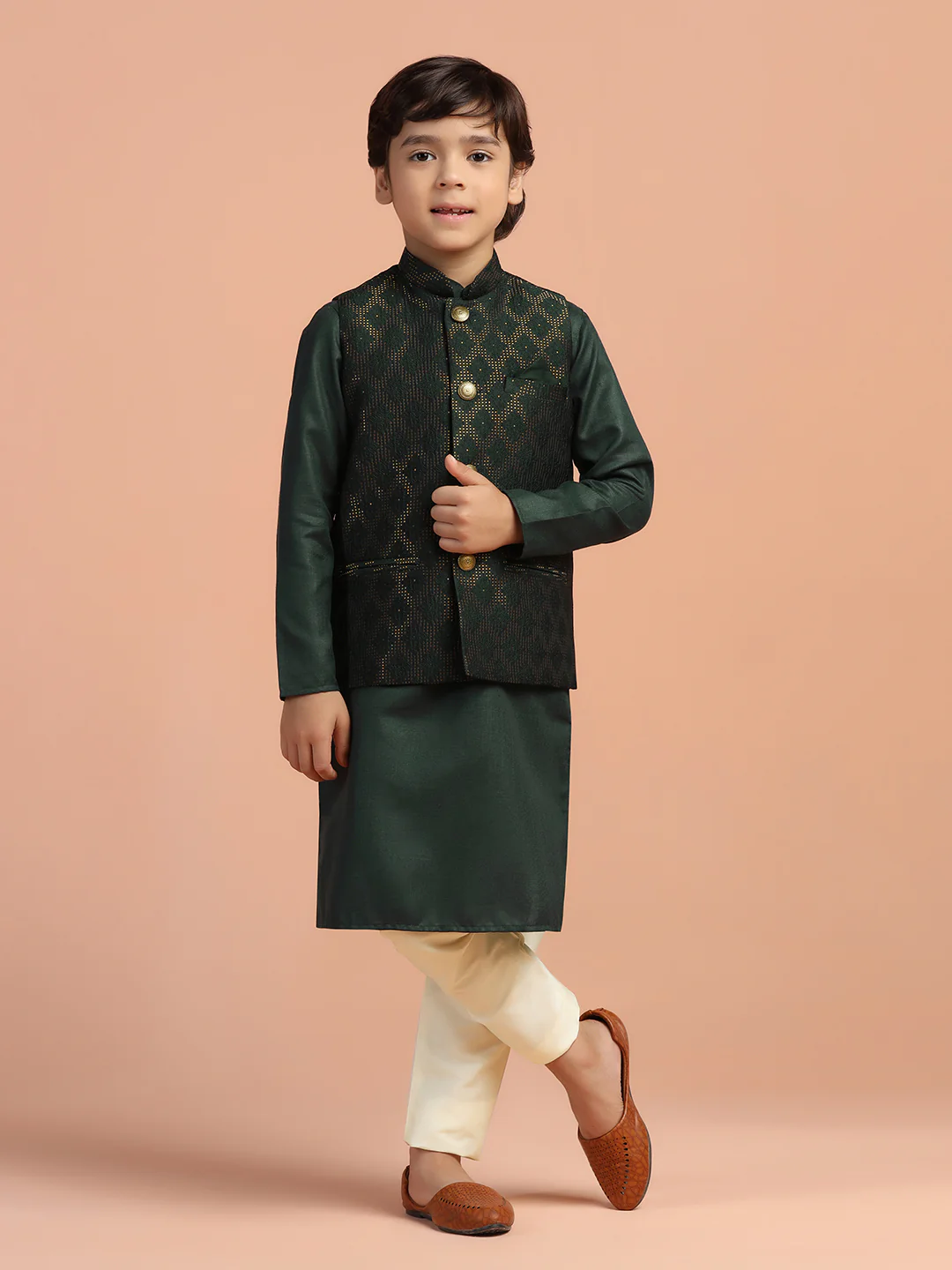 Dark Green Jacquard Kids Kurta Set - Image 8