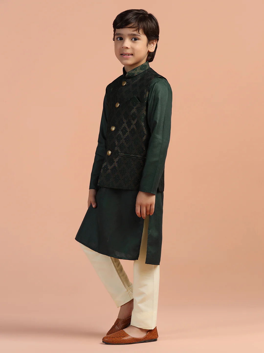 Dark Green Jacquard Nehru Jacket - Image 2