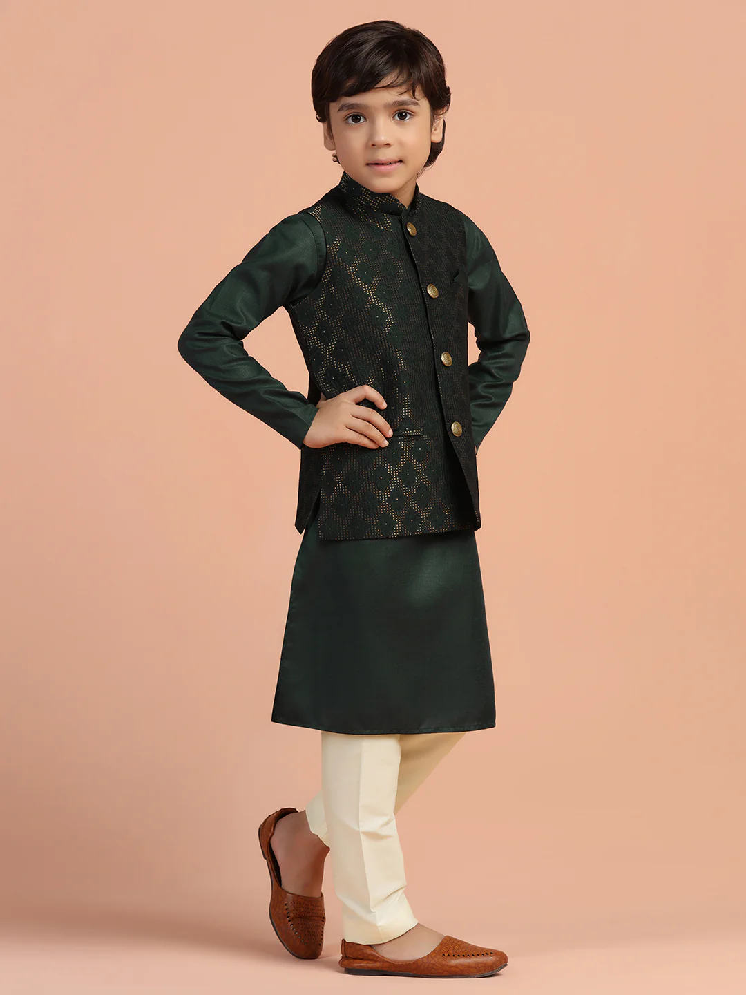 Dark Green Jacquard Nehru Jacket - Image 3