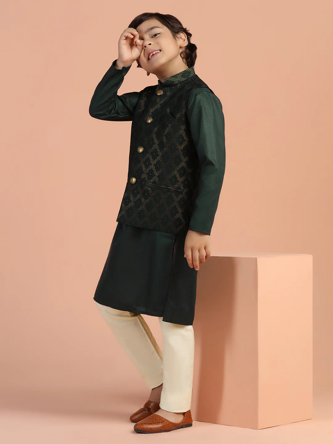 Dark Green Jacquard Nehru Jacket - Image 7