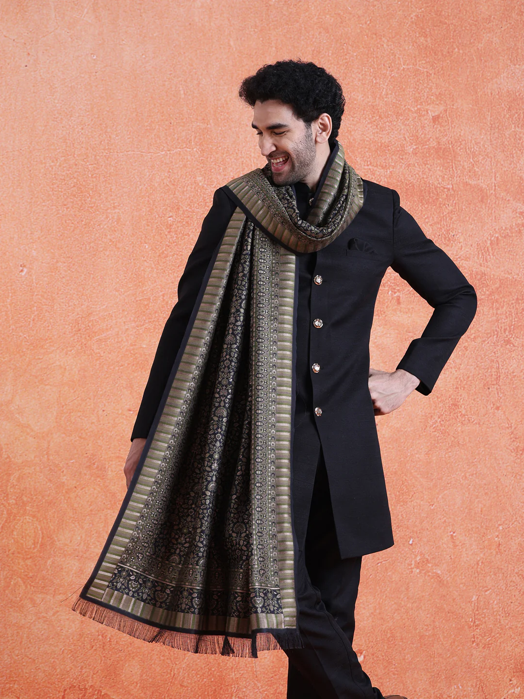 Dark Green Silk Blend Jacquard Dupatta - Image 5
