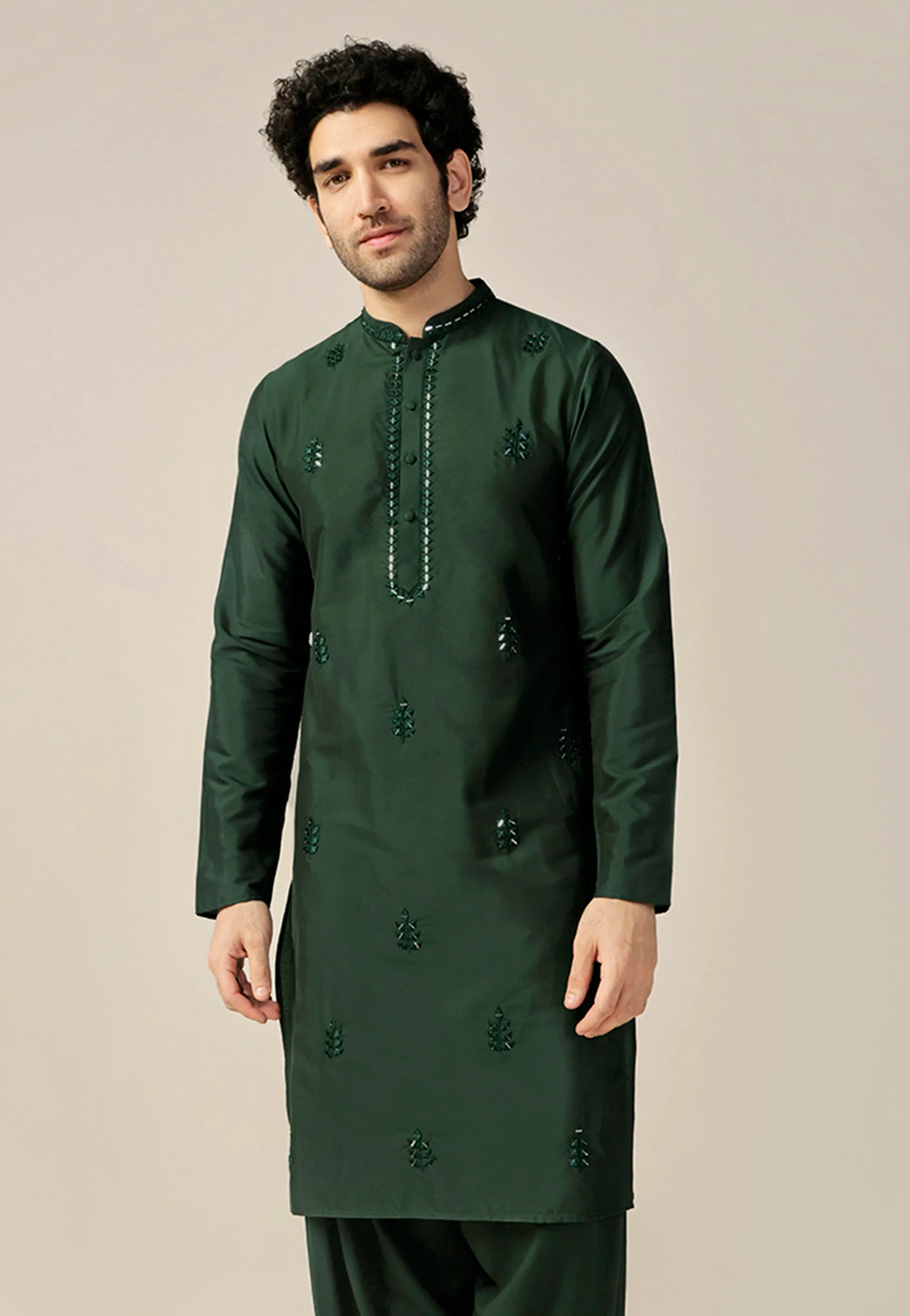 Dark Green Silk Blend Mirror Work Long Kurta - Image 7