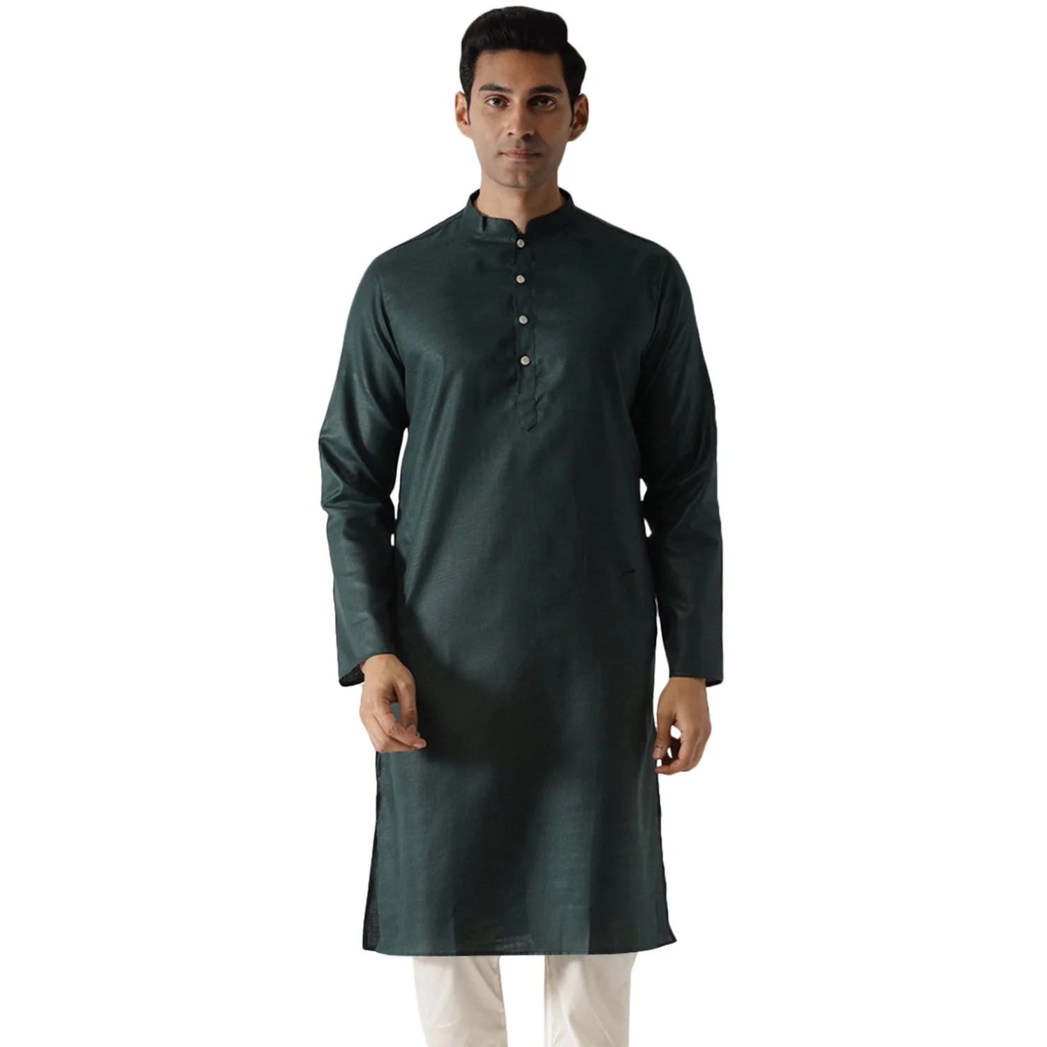Dark Green Silk Blend Solid Long Kurta - Image 2